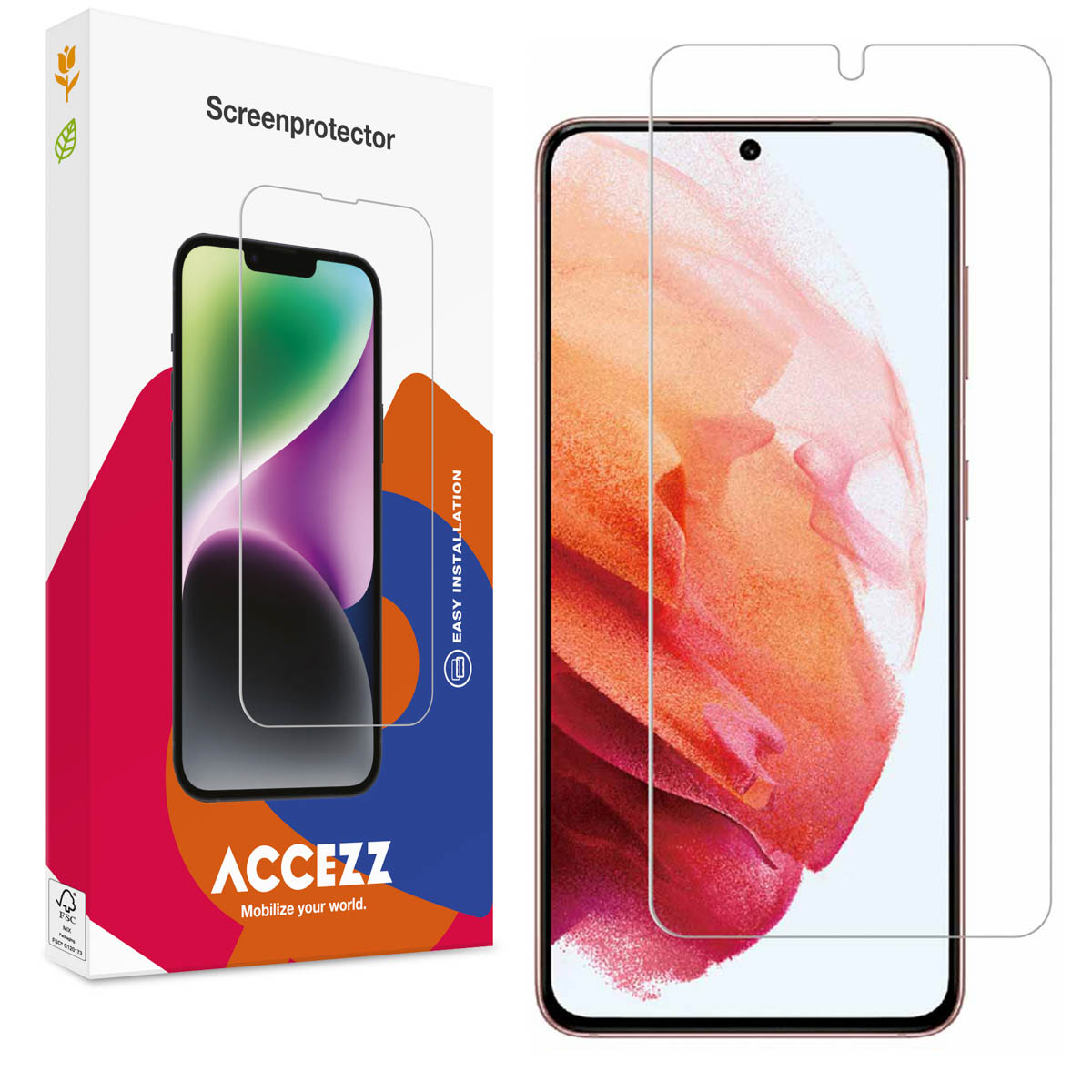 Une boîte de protection d'écran de téléphone et un téléphone. Le téléphone affiche une image rose et un protecteur transparent.