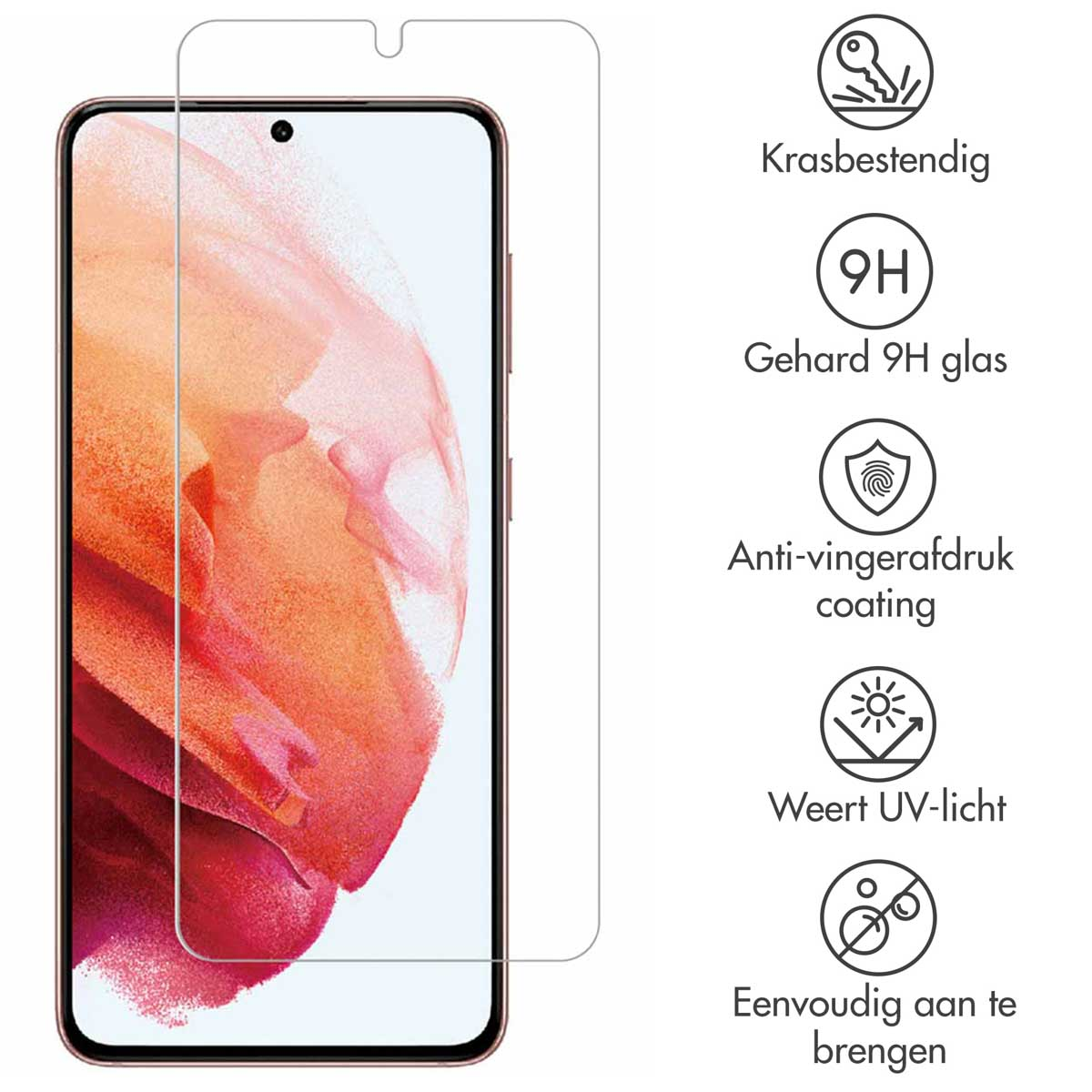 Un téléphone avec un protecteur d'écran. Des icônes détaillant les caractéristiques du protecteur d'écran sont à droite.