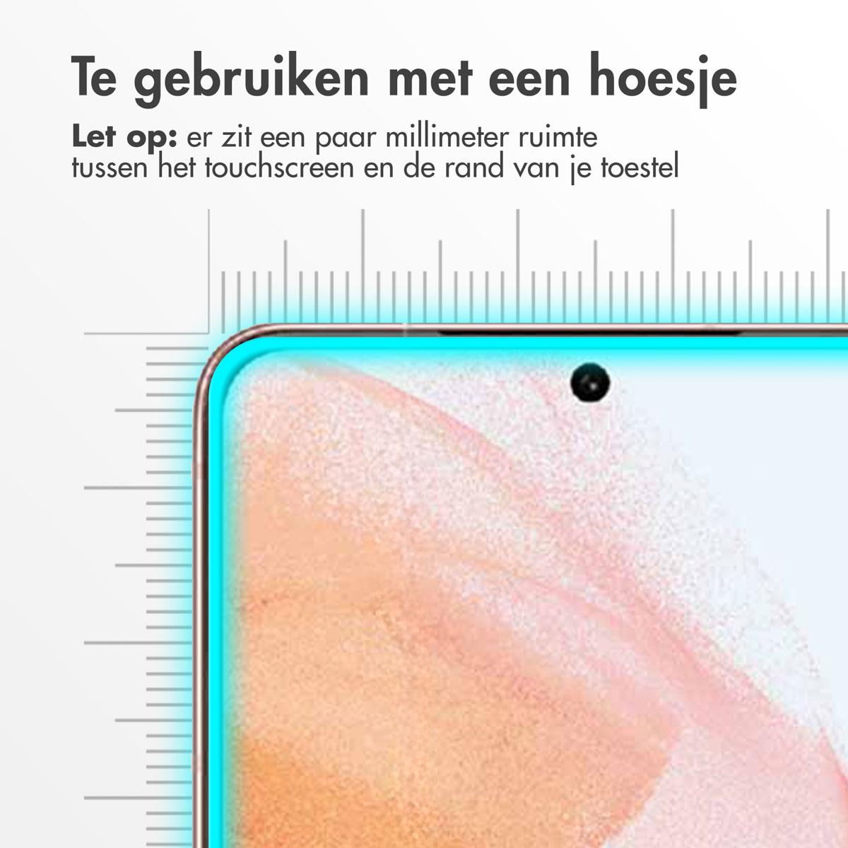 Gros plan sur l'écran d'un téléphone avec une superposition de règle. L'écran affiche une image rose.