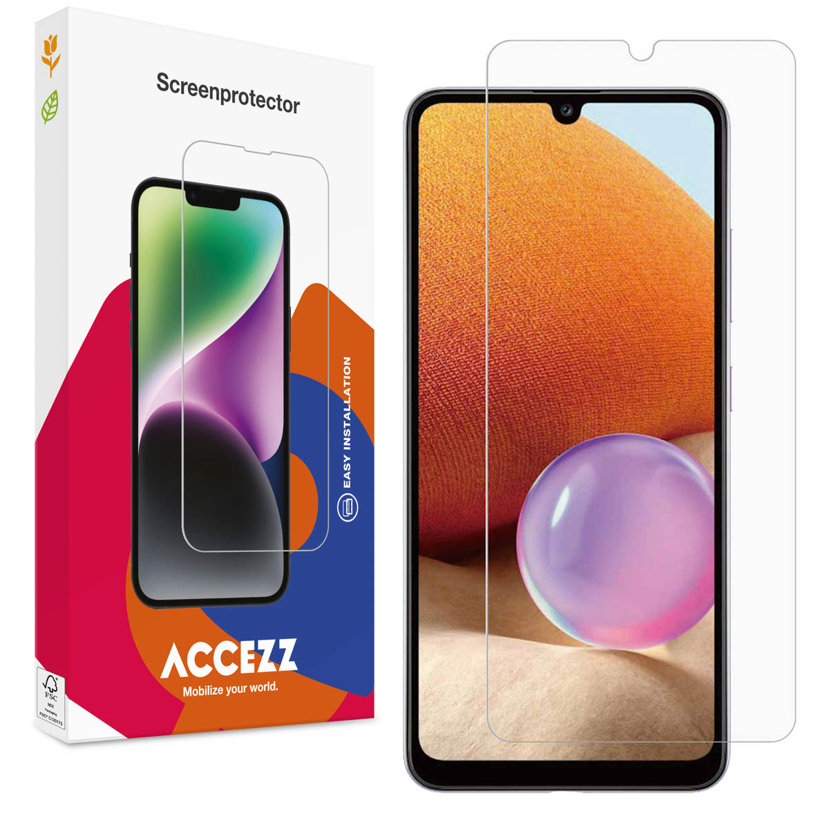Een telefoon screenprotector doos en een telefoon. De telefoon toont een oranje afbeelding en een heldere screenprotector.