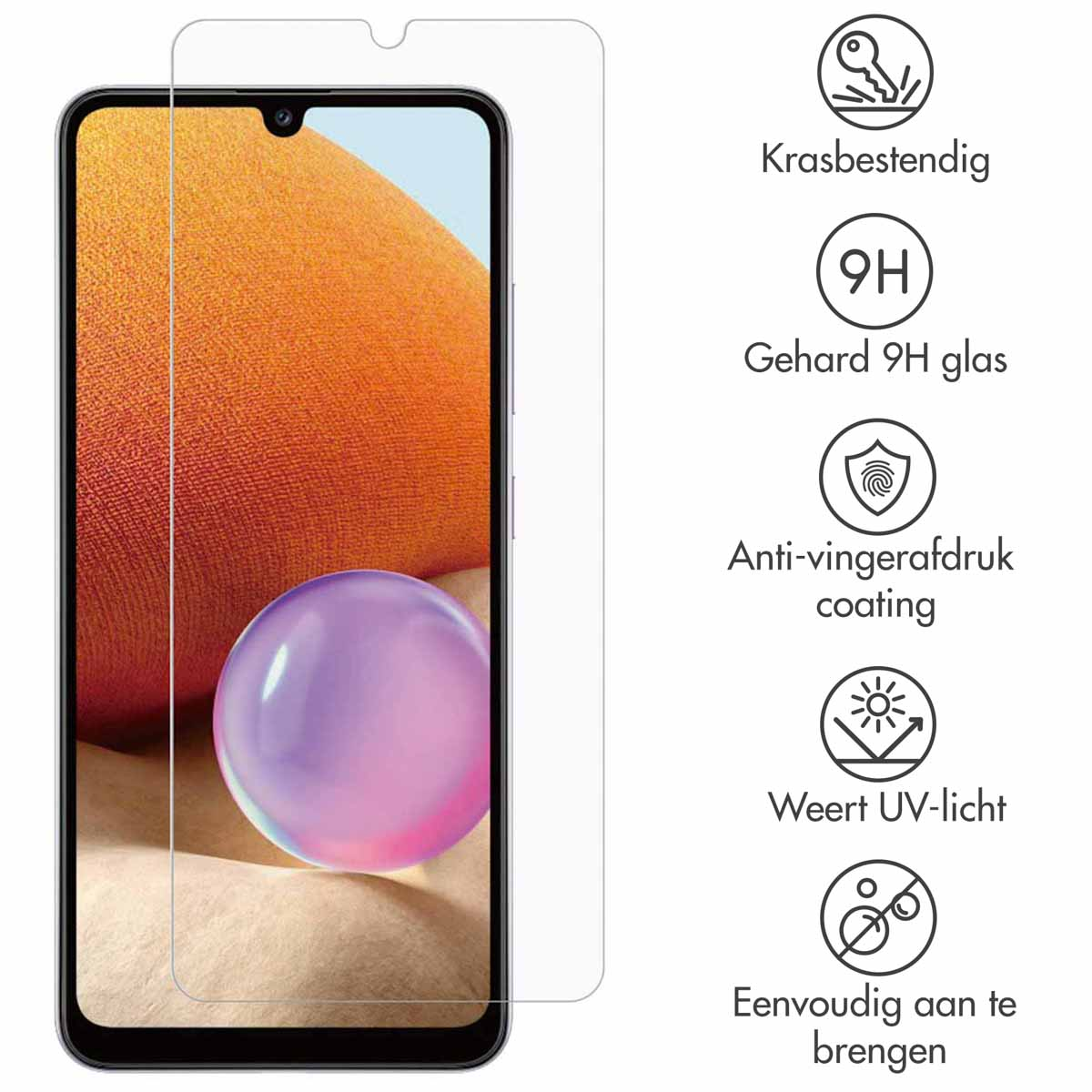 Een telefoon met een screenprotector. Pictogrammen met details over de kenmerken van de screenprotector staan rechts.