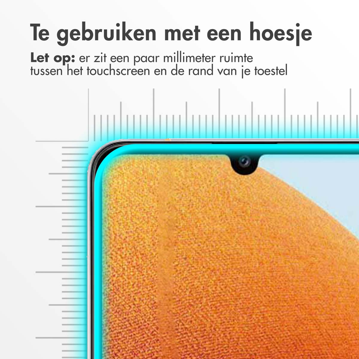 Een close-up van een telefoonscherm met een liniaaloverlay. Het scherm toont een oranje afbeelding.