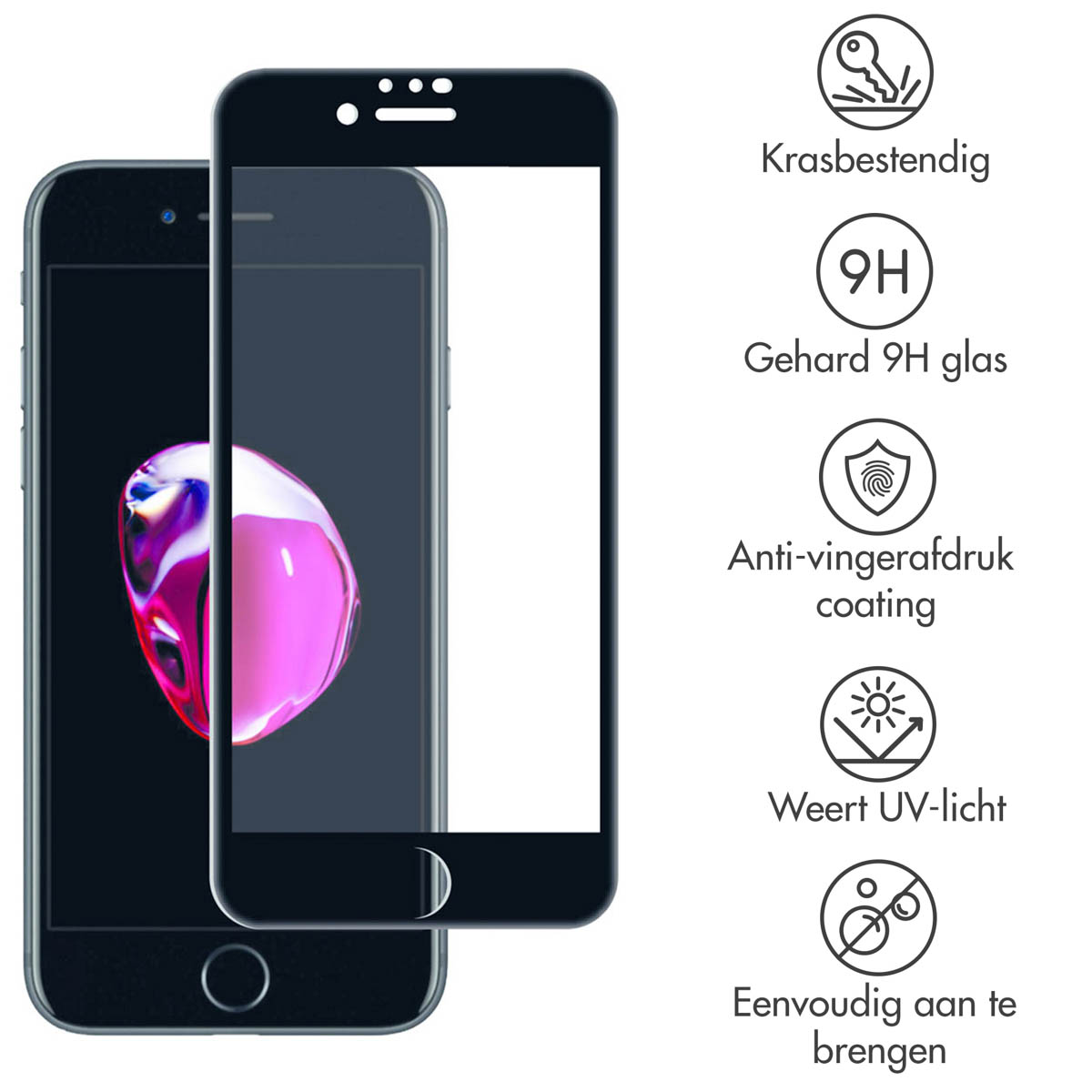 Un téléphone avec un protecteur d'écran positionné à côté. Les icônes décrivent la résistance aux rayures et le revêtement anti-empreintes digitales.