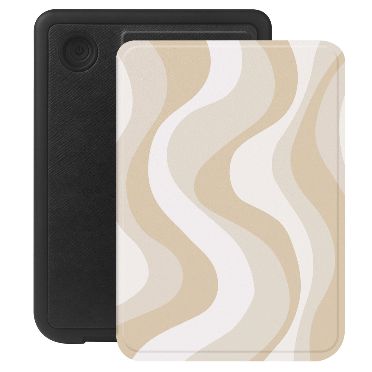 Una custodia per e-reader in nero e beige con un motivo ondulato, caratterizzata da un interno nero testurizzato.