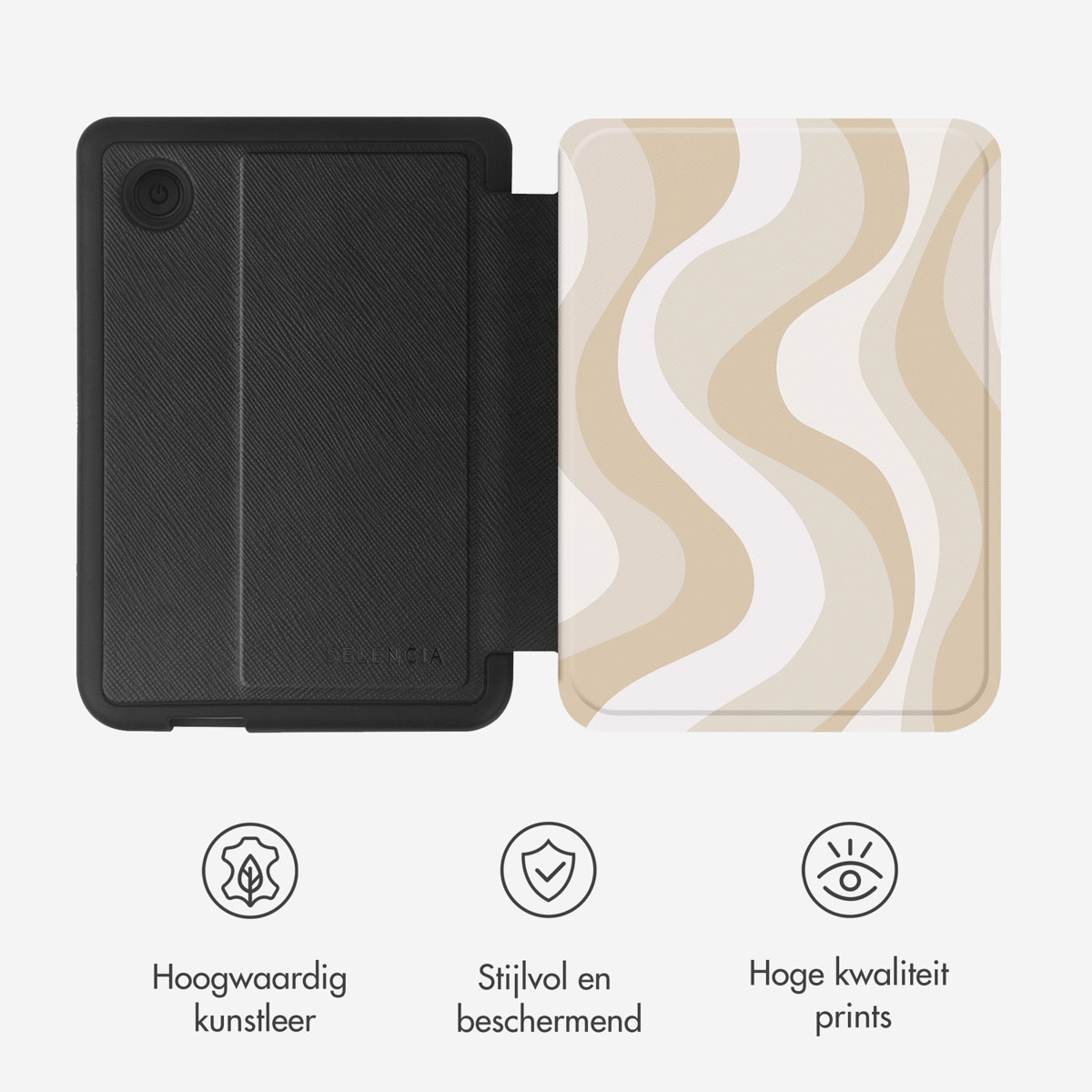 Una custodia per e-reader con un motivo ondulato beige e bianco, accanto a una custodia nera testurizzata.