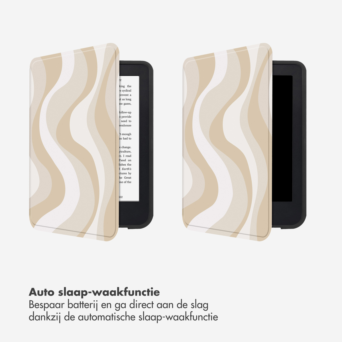 Due e-reader con una custodia ondulata beige e bianca, che evidenziano la funzione di accensione e spegnimento automatico.