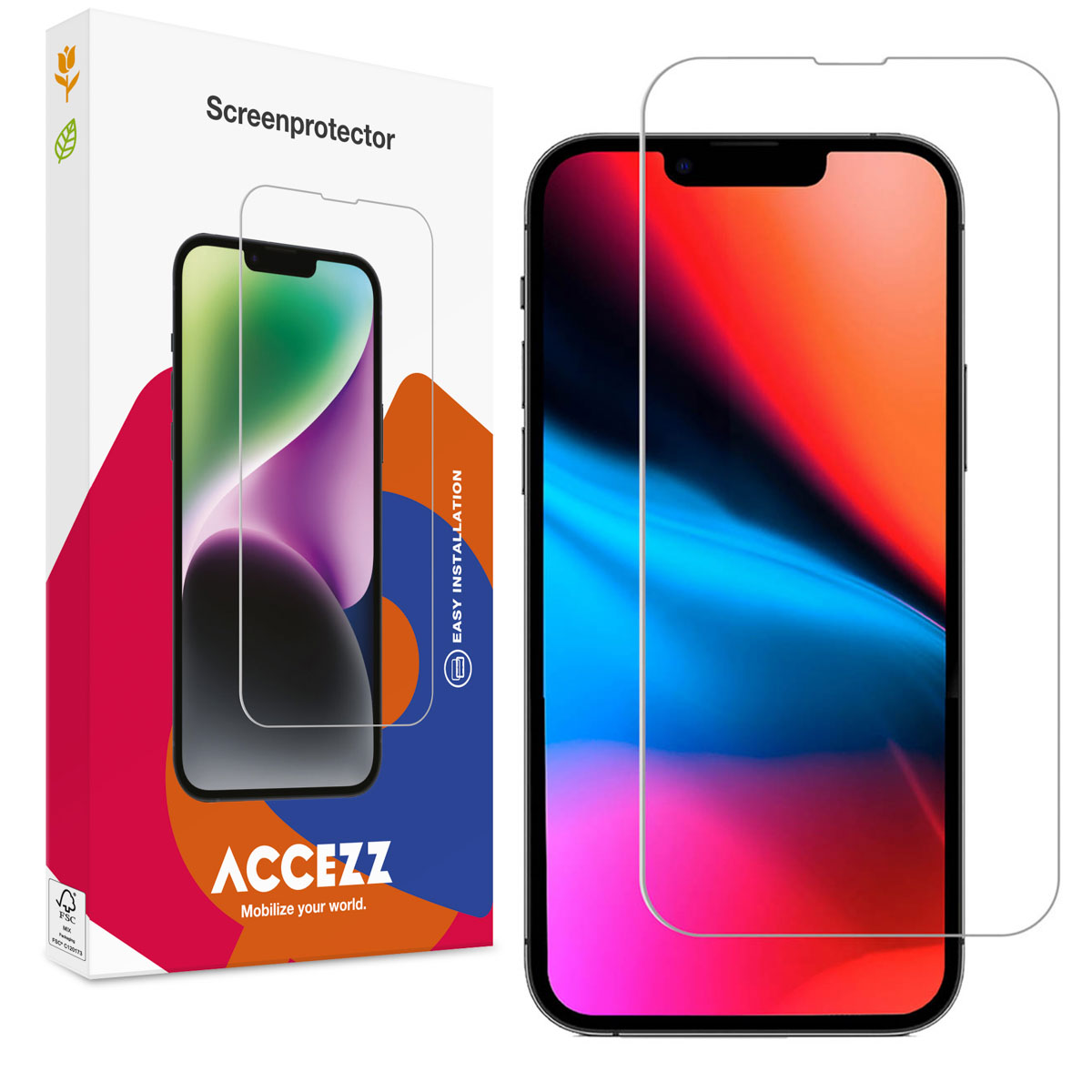 Een telefoon en een schermbeschermerdoos. De telefoon heeft een kleurrijke gradiëntachtergrond.