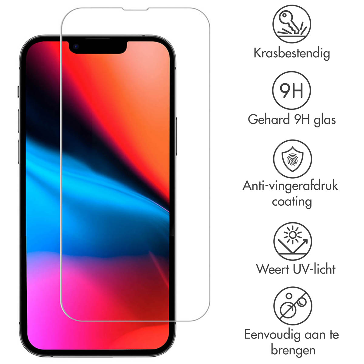 Een telefoon met een schermbeschermer erop, en iconen die de functies beschrijven.