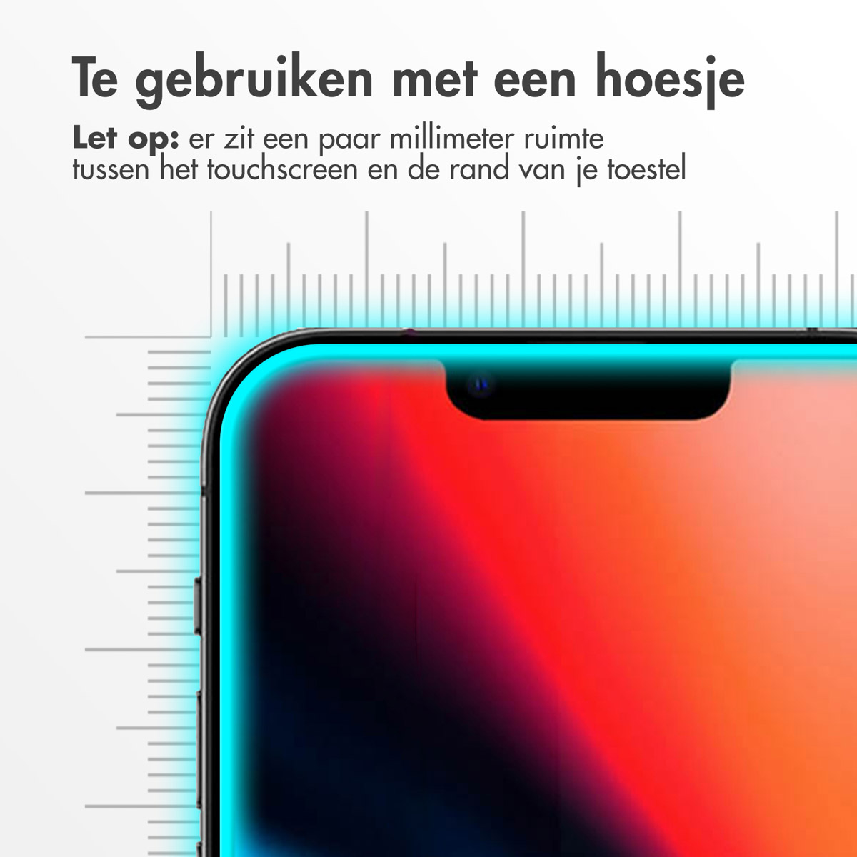 Close-up van een telefoonscherm met een schermbeschermer, met tekst over de pasvorm.