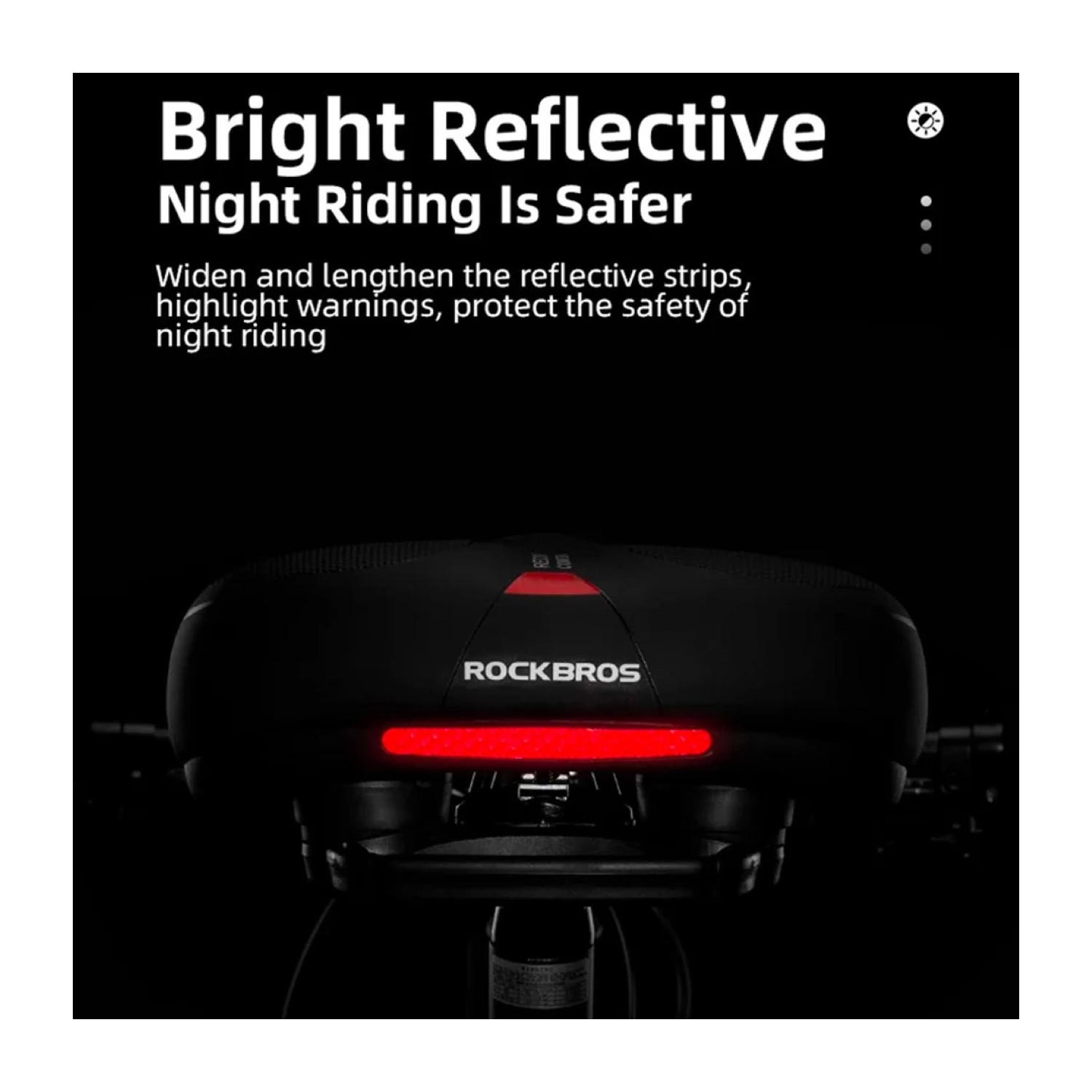 Czarne siodełko rowerowe z jasnoczerwonym światłem. Tekst podkreśla bezpieczeństwo nocnej jazdy.