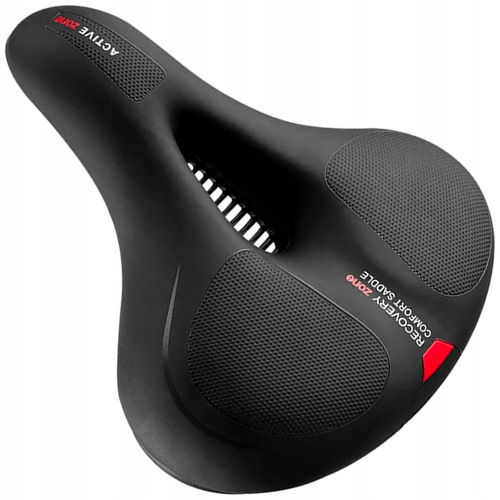 Czarne siodełko rowerowe z czerwonym akcentem z boku. Ma unikalny kształt.