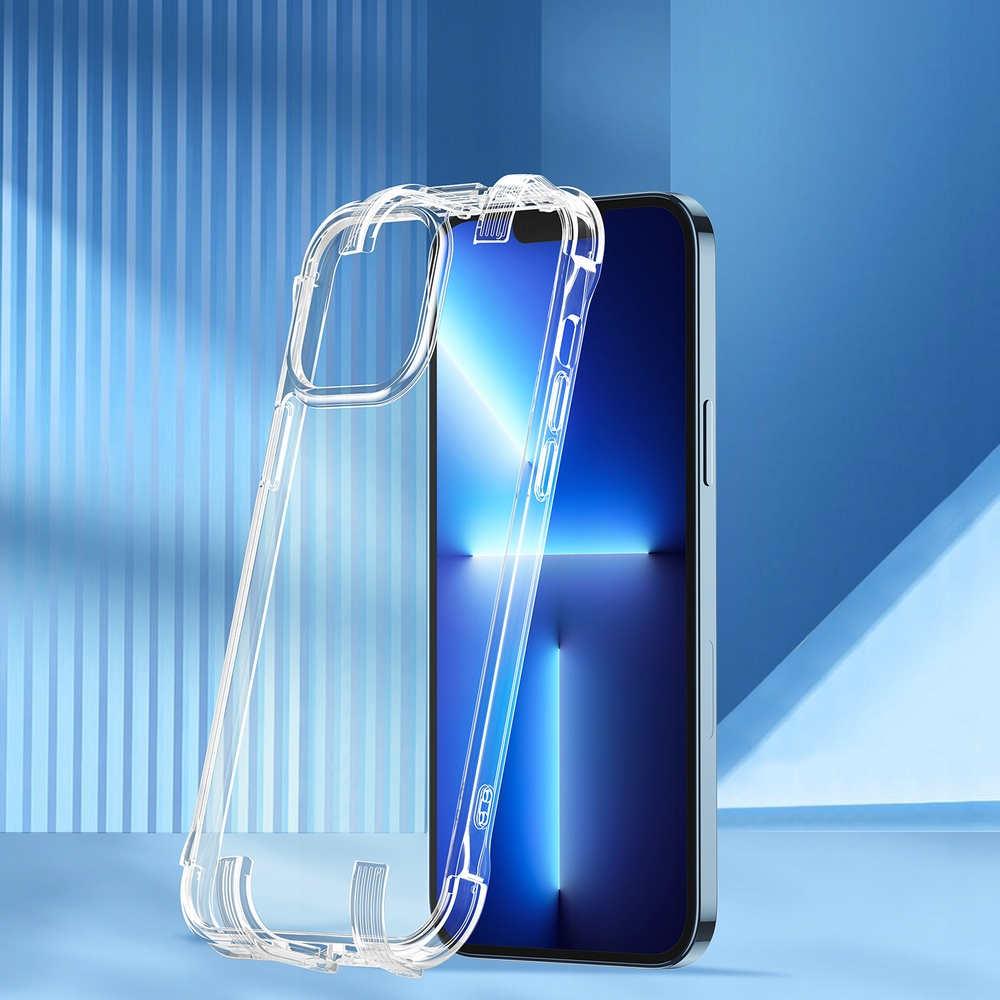 Przezroczyste etui na telefon obok telefonu z niebieskim ekranem.