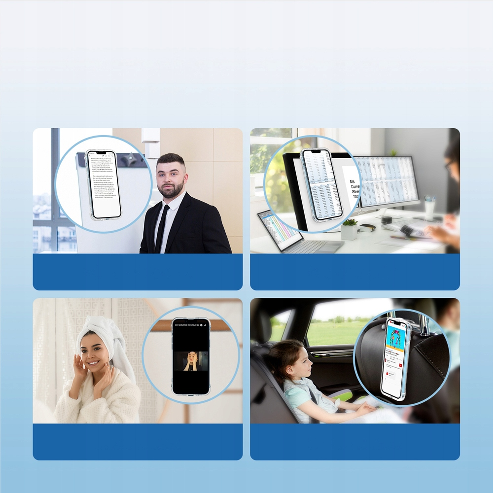 Cztery obrazy: mężczyzna z telefonem, komputer z telefonem, kobieta z ręcznikiem, telefon w samochodzie. Każdy z telefonem.