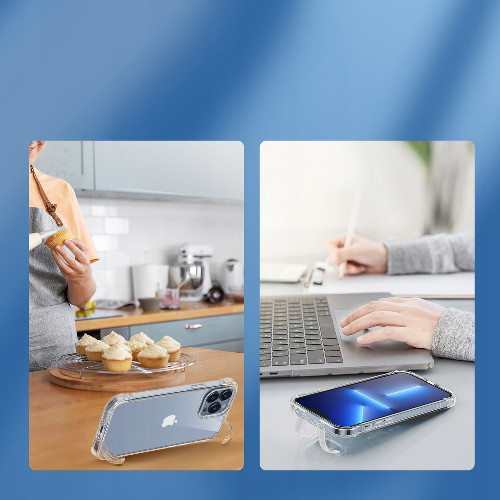 Dwa obrazy: osoba z babeczkami, telefon na podstawce; osoba pracująca z laptopem, telefon na podstawce. Obie z telefonami.