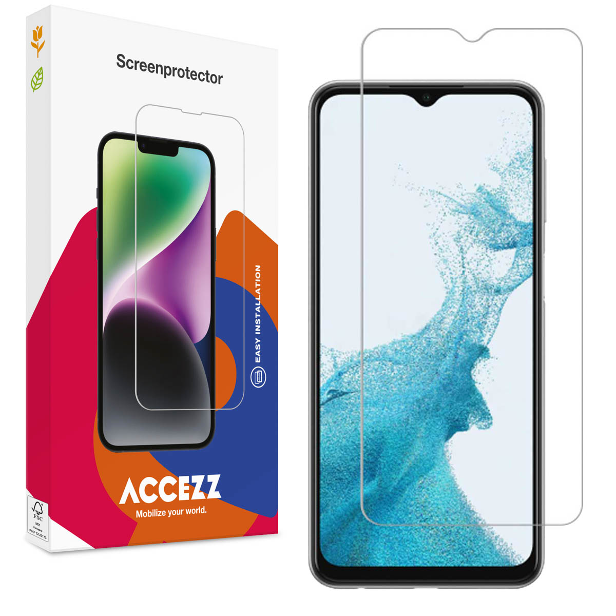 Une boîte de protecteur d'écran et un téléphone avec un protecteur d'écran appliqué, montrant un arrière-plan coloré.