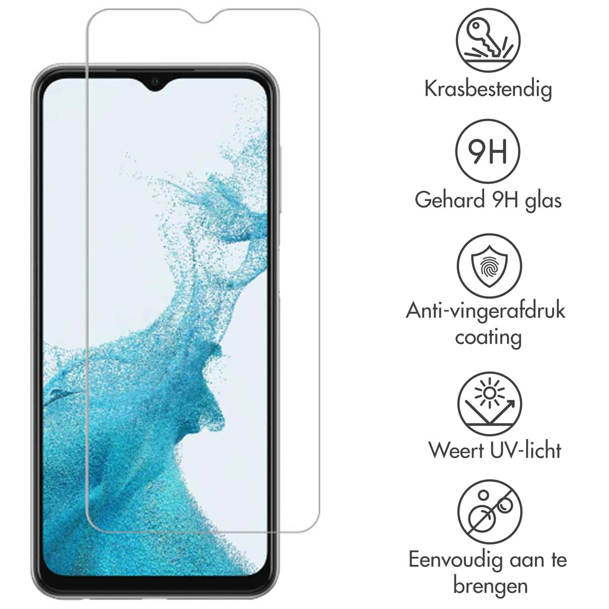 Un téléphone avec un protecteur d'écran et des icônes montrant des fonctionnalités comme la résistance aux rayures et la protection UV.