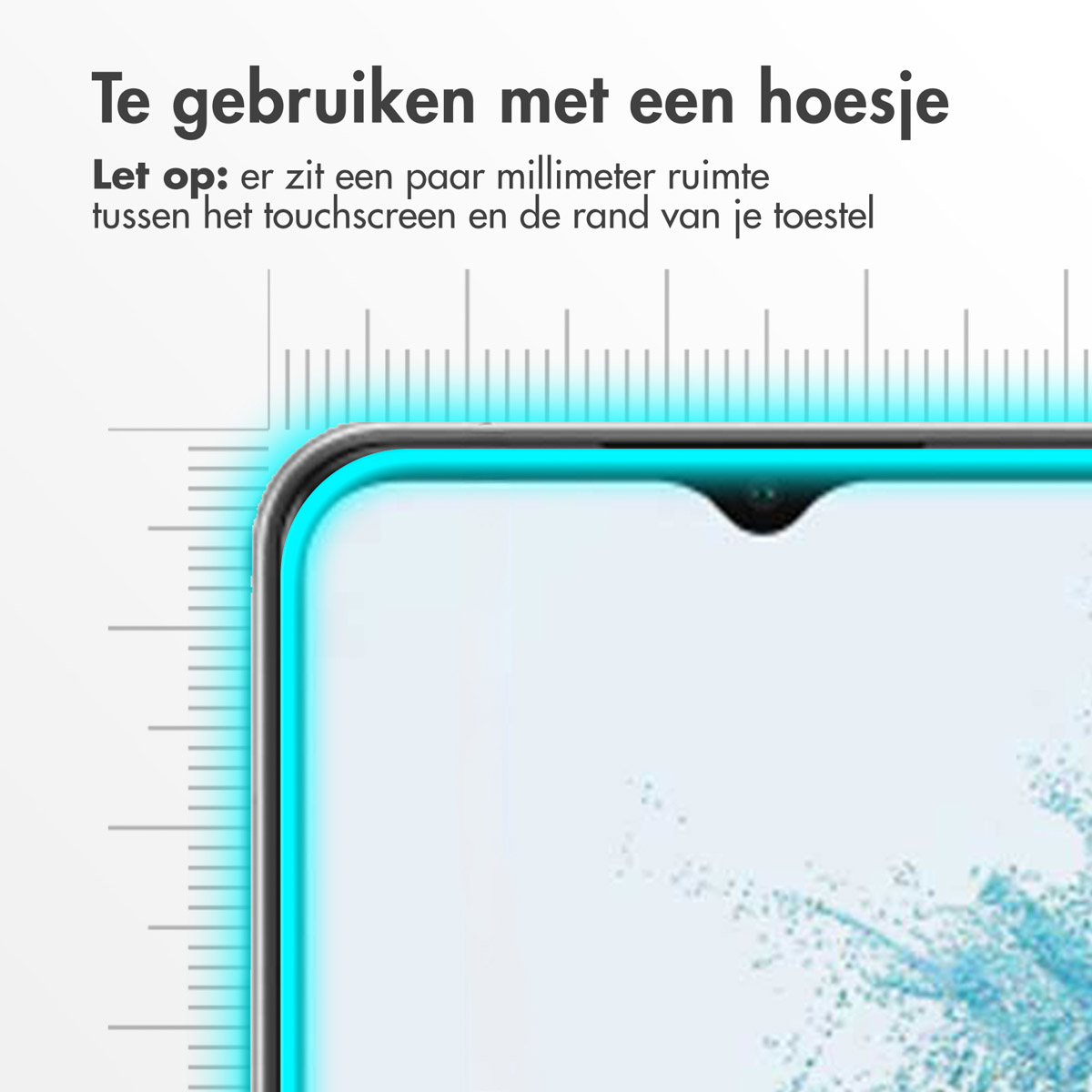 Gros plan d'un écran de téléphone avec une règle montrant un petit espace entre l'écran et le bord de l'appareil.