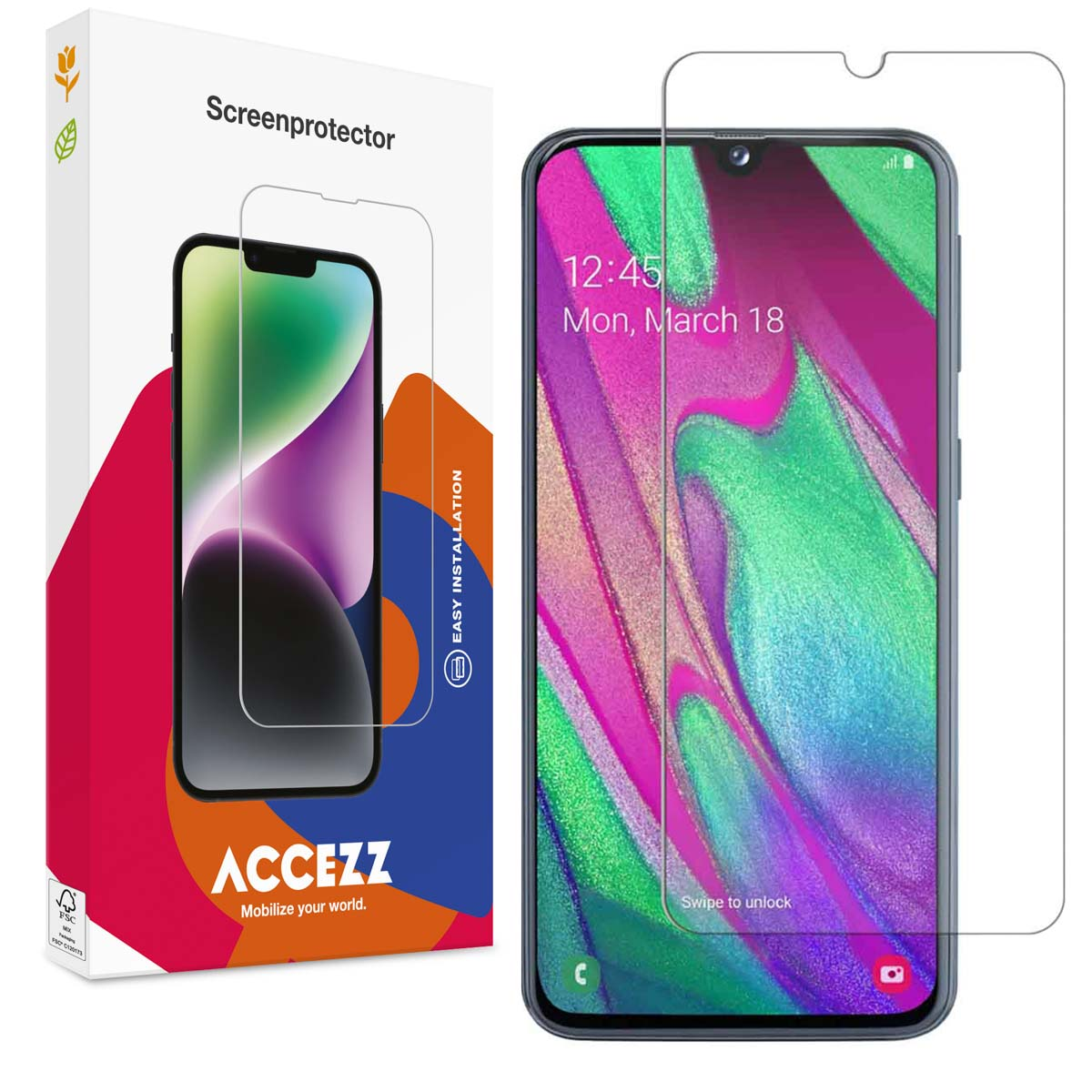 Un téléphone et une boîte de protection d'écran. La protection d'écran est sur le téléphone.
