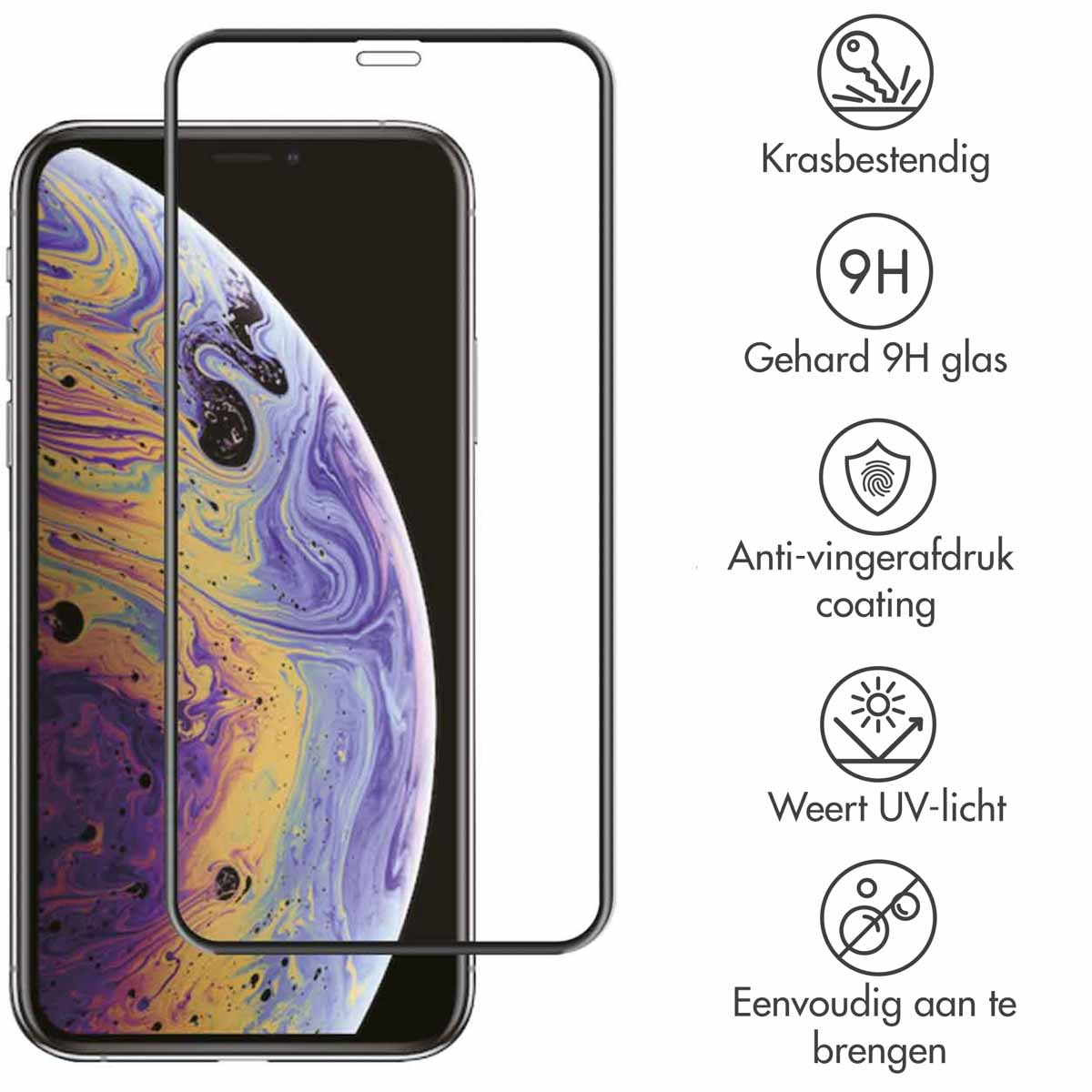 Phone and screen protector. The phone has a colorful background.