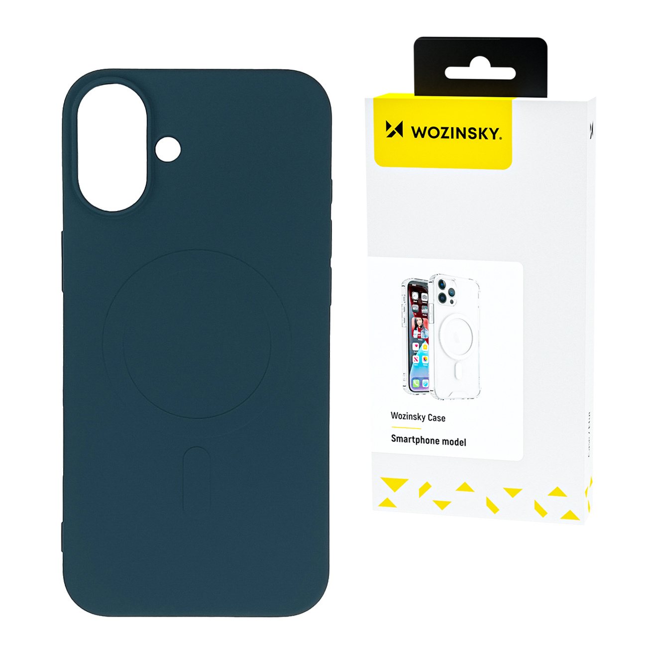 Etui na telefon i pudełko. Etui jest granatowe i ma okrągły magnetyczny detal.