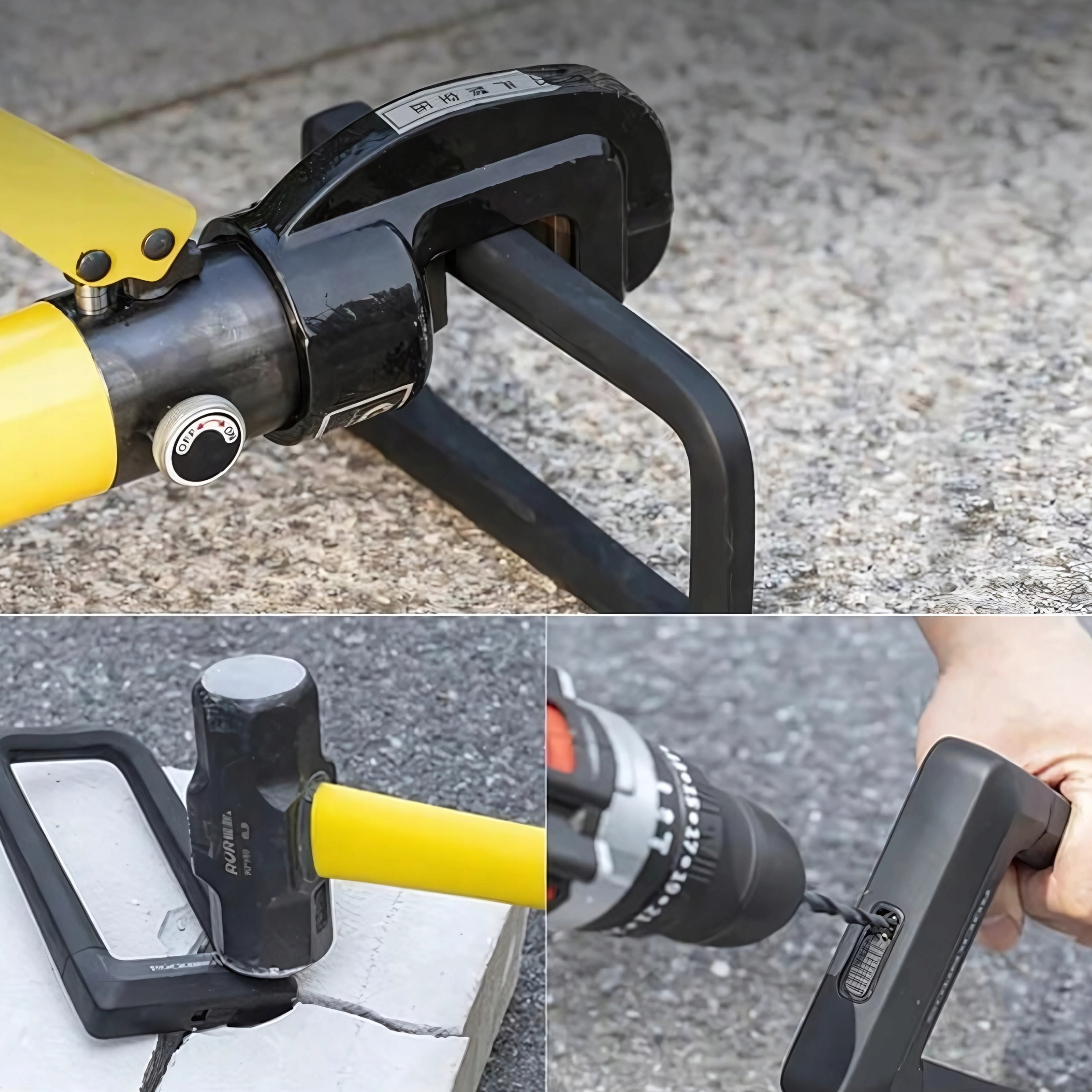 Trzy obrazy: narzędzie tnące czarny metalowy pręt, młotek na płytce i wiertarka na zamku.