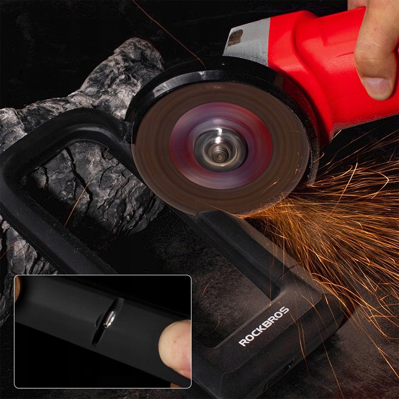 Szlifierka kątowa przecinająca zapięcie U. Iskry lecą. Wstawka pokazuje mechanizm zamykający zamka.