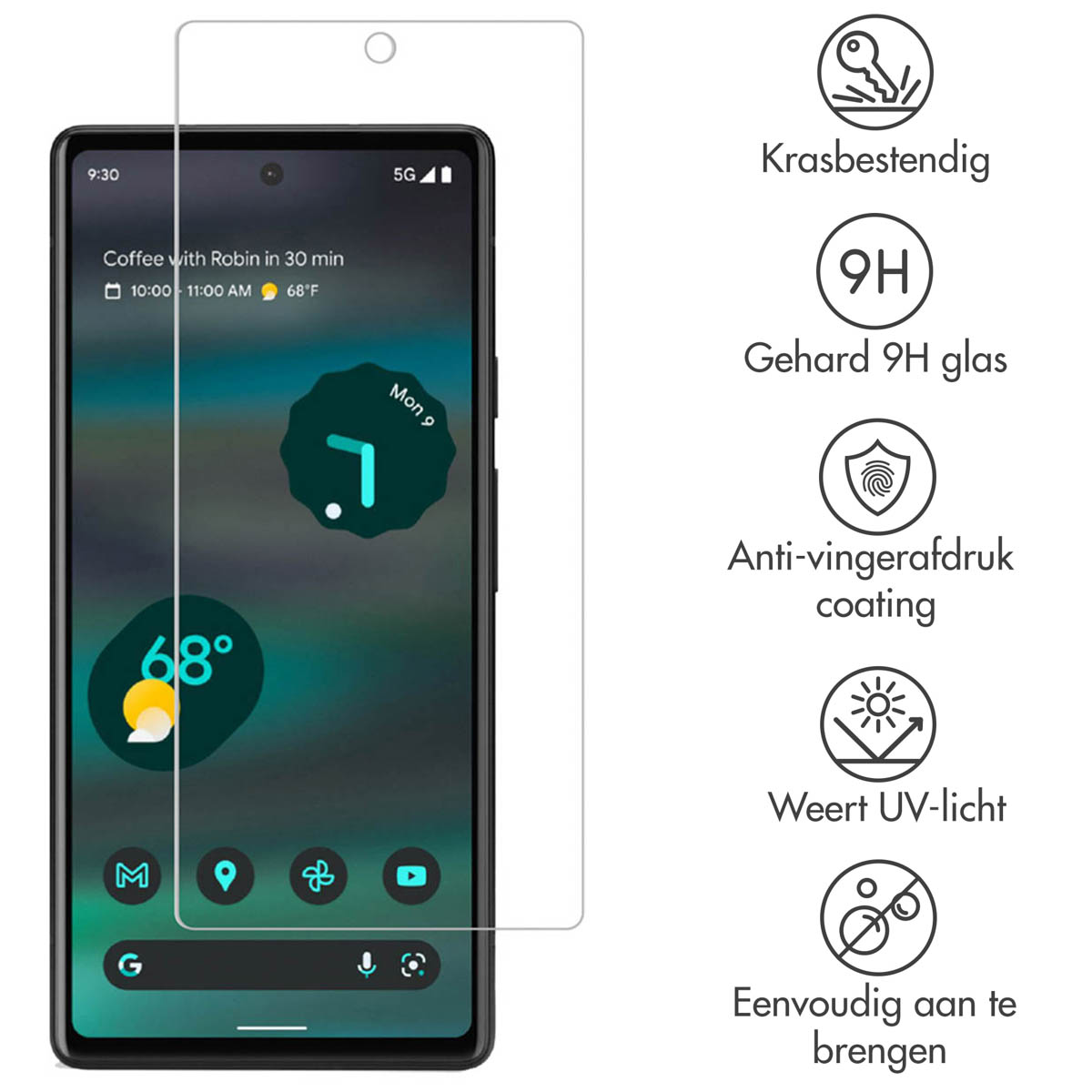 Écran de téléphone avec application météo et affichage de l'heure, avec un protecteur d'écran. Fond blanc.