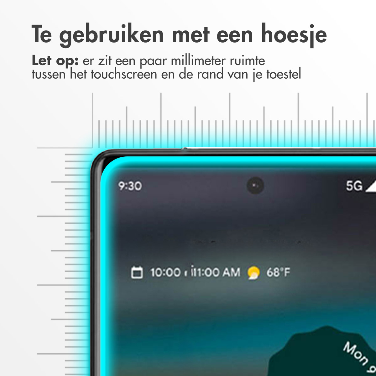 Gros plan sur un écran de téléphone avec un protecteur d'écran appliqué. Fond blanc.