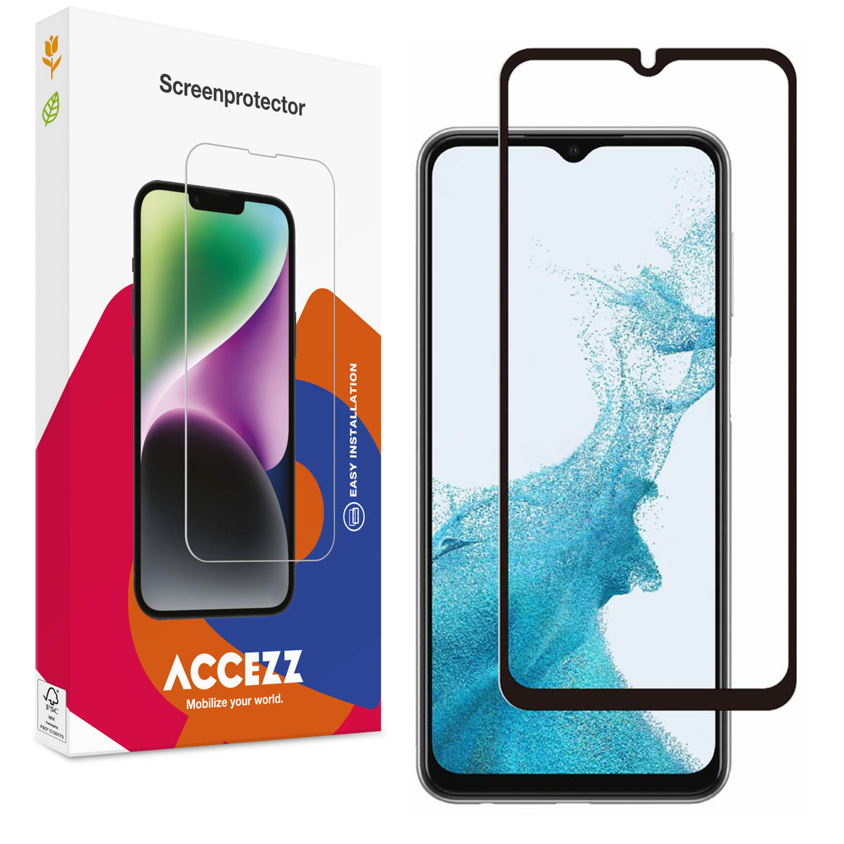 Boîte de protection d'écran et téléphone. L'écran affiche une application. Fond blanc.