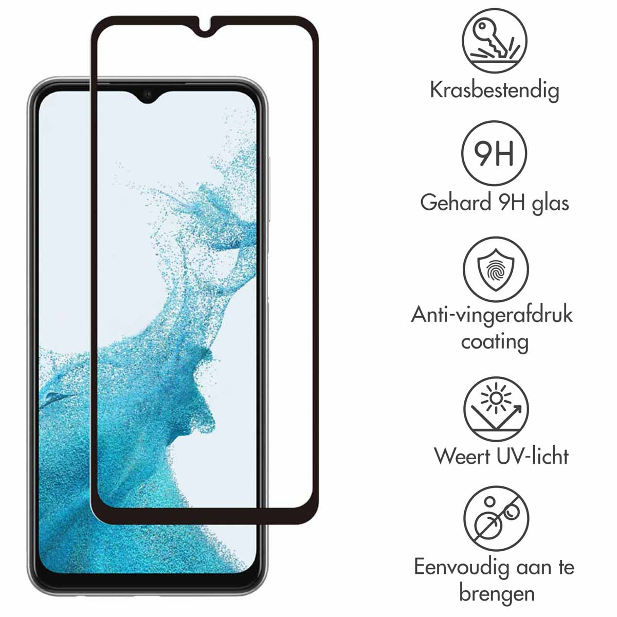 Écran de téléphone avec protecteur d'écran. Cadre noir. Fond blanc.