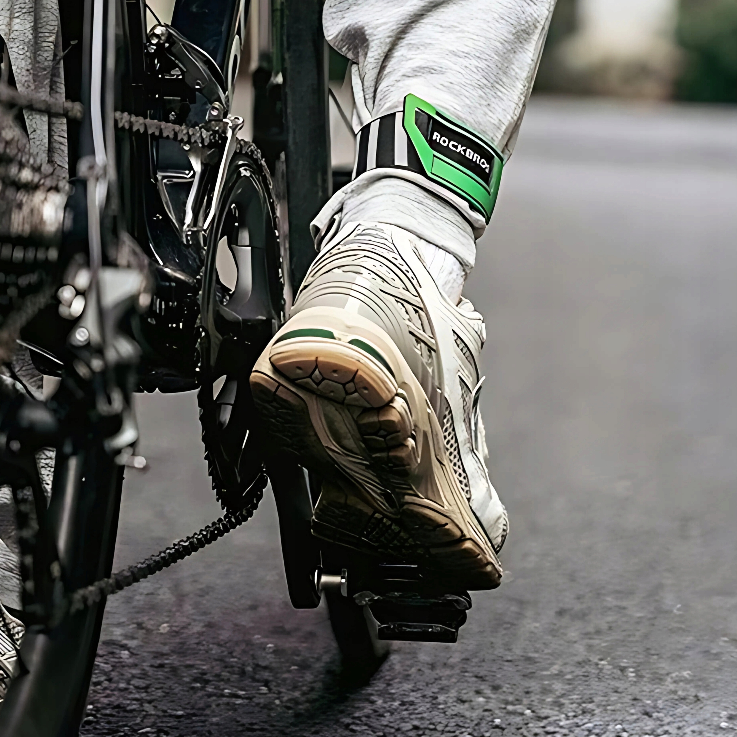 Osoba jeżdżąca na rowerze z opaską na kostkę Rockbros. Opaska jest zielona i czarna. Widoczny rower i droga.