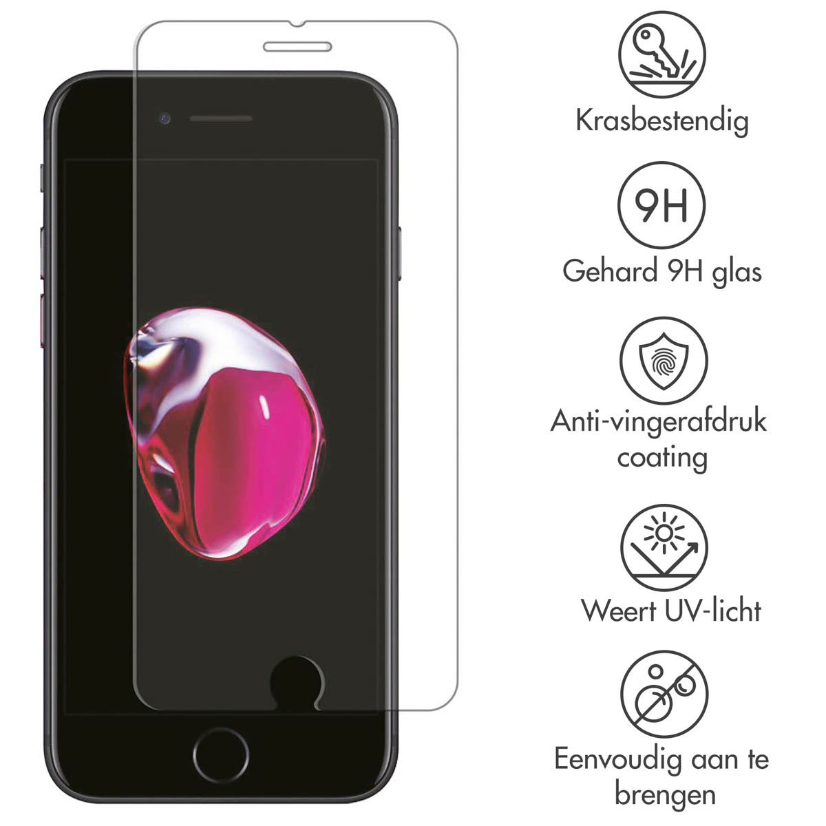 A phone with a screen protector. The screen protector has some text. The phone is black. White background.