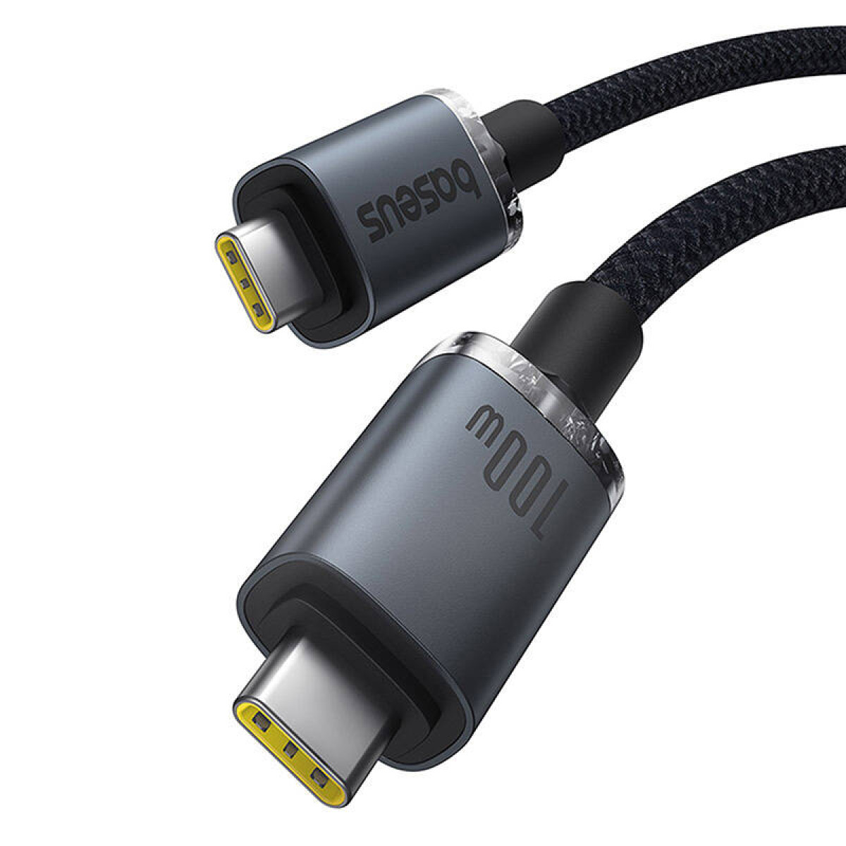 Dwa kable USB-C z żółtymi akcentami na białym tle. Jeden ma logo "baseus", drugi "100w".