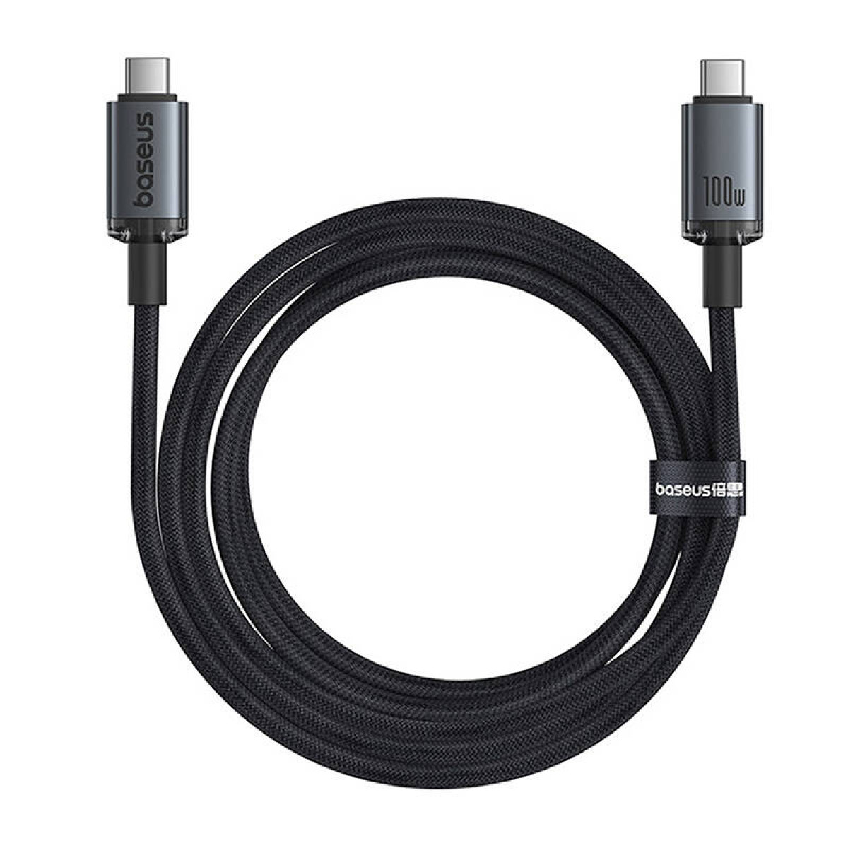Czarny kabel USB-C z szarym złączem tworzącym okrąg. Kabel ma etykietę "baseus".