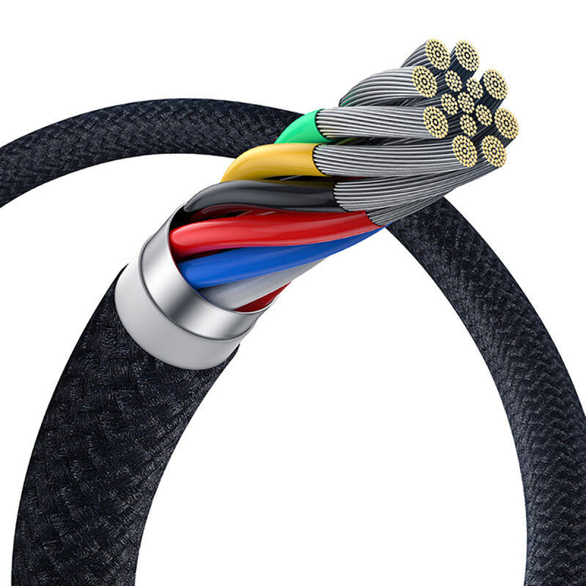 Przekrój czarnego kabla pokazujący wiele kolorowych przewodów, ze srebrnym końcem i czarnym kablem zewnętrznym.