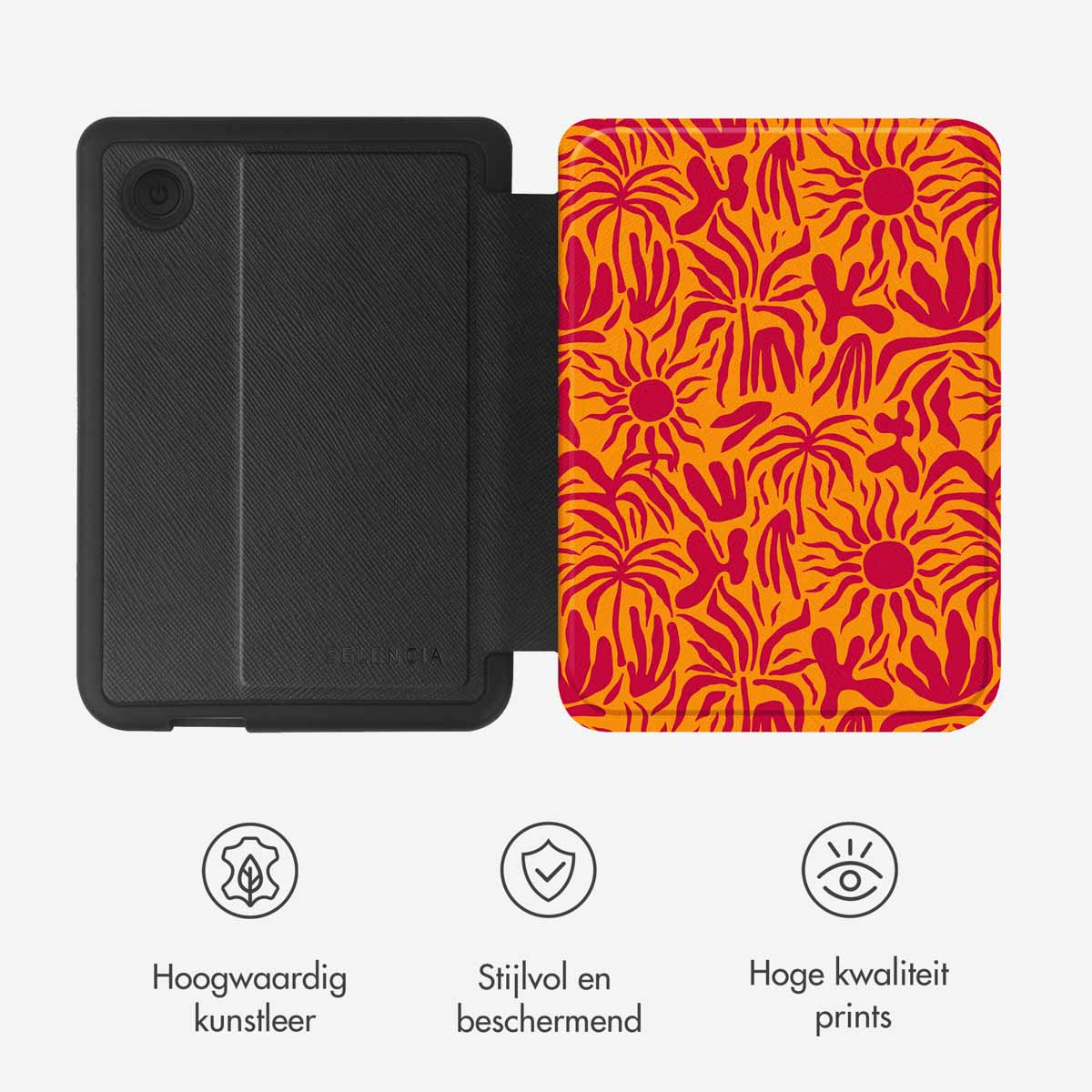 Custodia per tablet aperta. La custodia è nera, con un motivo. Icone in basso: pelle, stile e stampe.