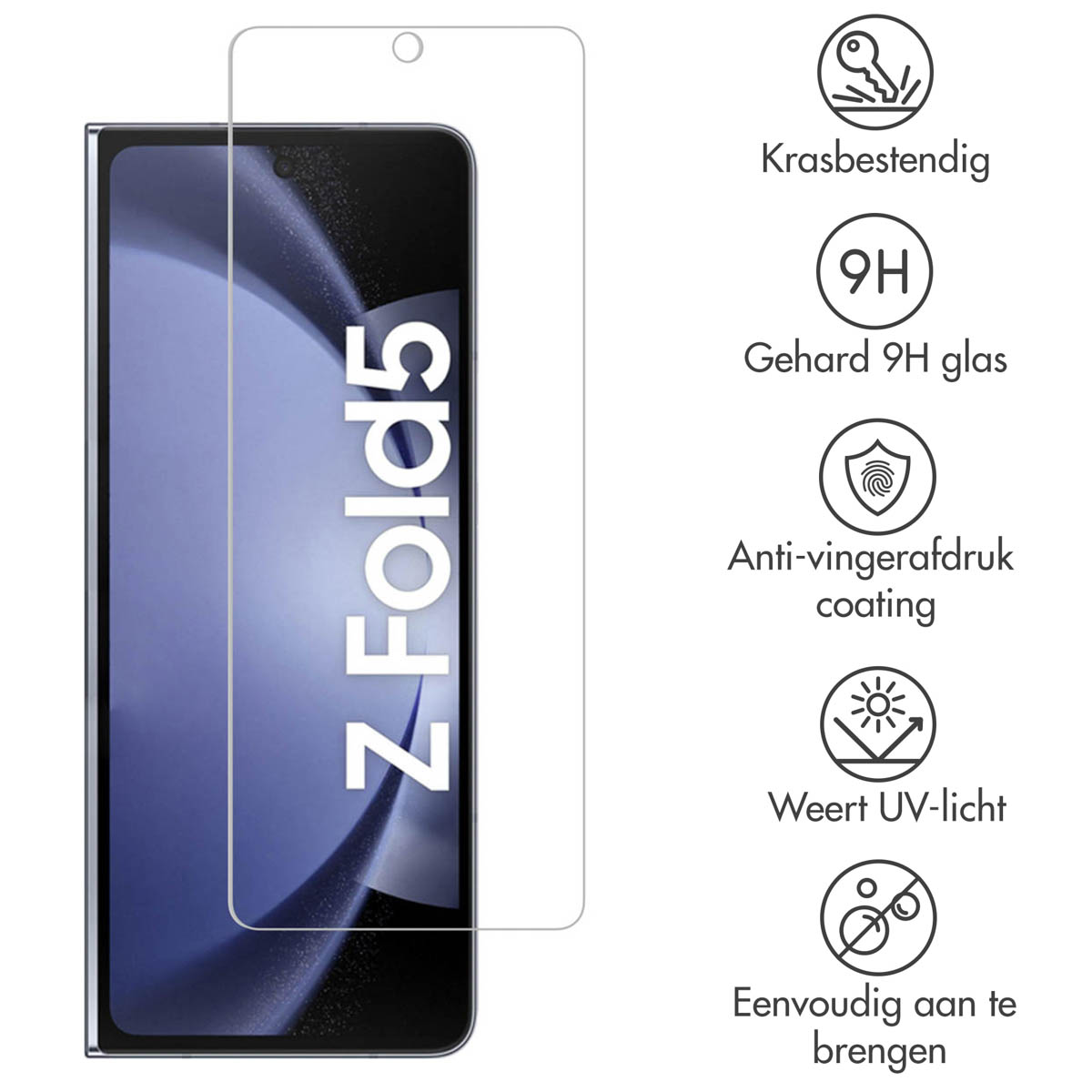 Telefoonschermbeschermer op een telefoon. Kenmerken zijn krasbestendigheid, 9H glas en UV-bescherming.