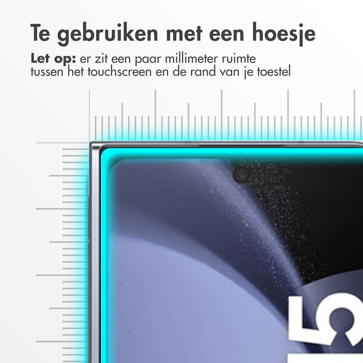 Telefoonrand die de pasvorm van de schermbeschermer laat zien. Tekst zegt dat er een kleine opening is.