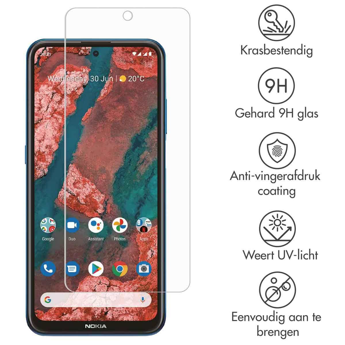Een telefoon met een schermbeschermer. De beschermer heeft pictogrammen en tekst. De telefoon is blauw.