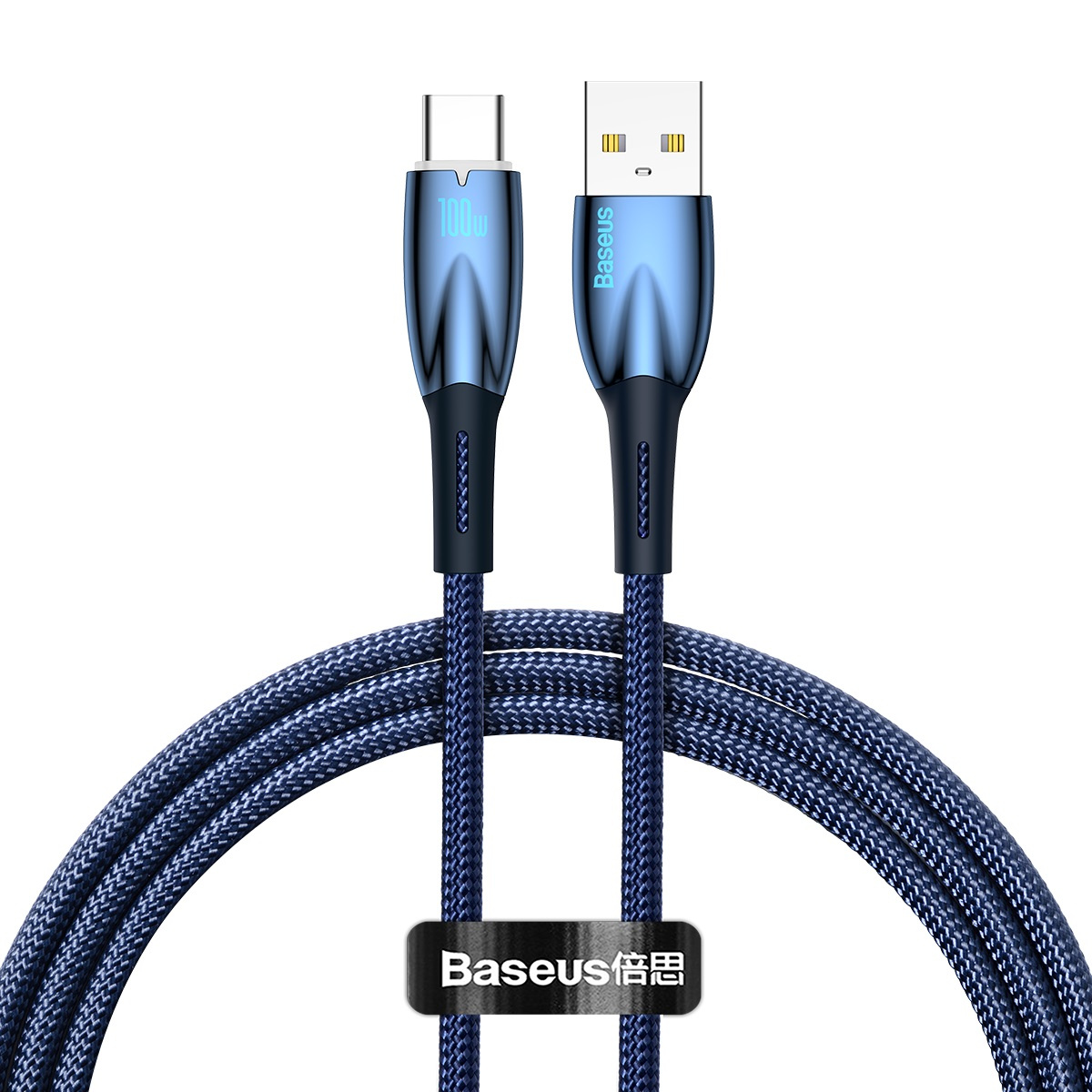 Niebieski kabel USB-C do USB-A, marka Baseus, białe tło.