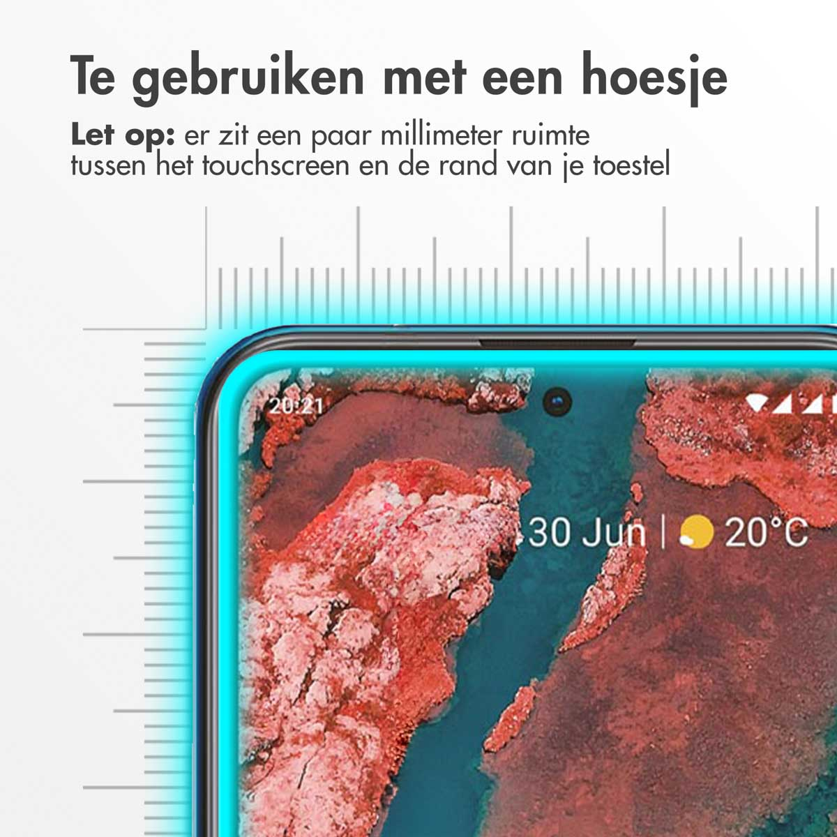 Close-up van telefoonscherm met Nederlandse tekst en een liniaal rond de rand.