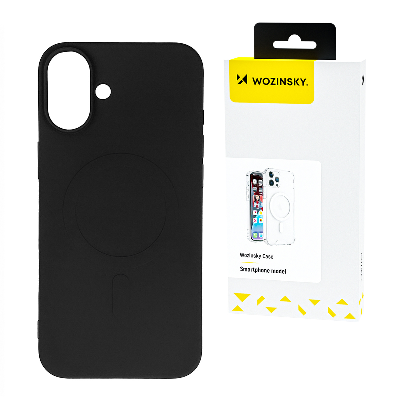 Czarny pokrowiec na telefon z białym pudełkiem, pokazujący etui i model telefonu.