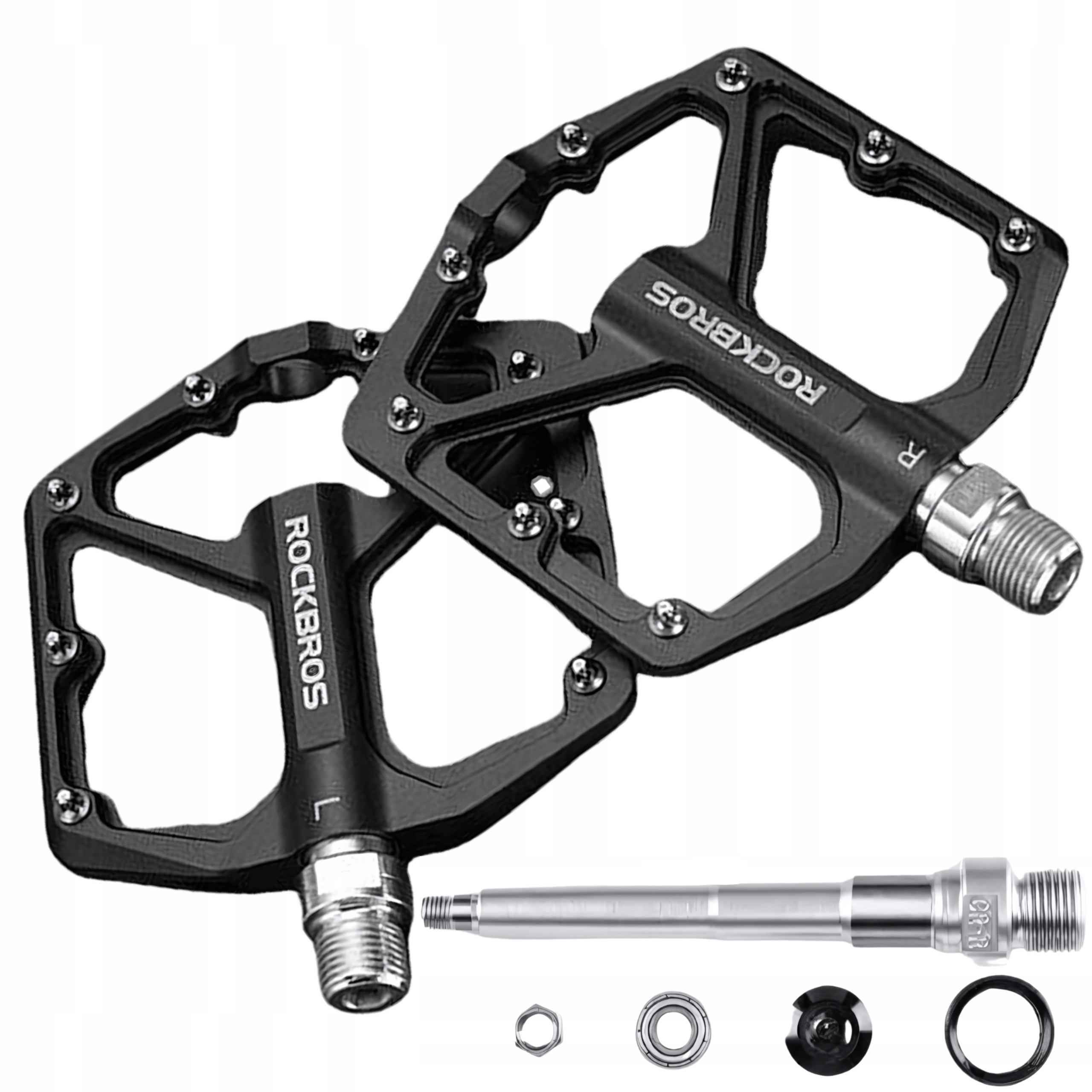 Dwa czarne pedały rowerowe ROCKBROS i ich komponenty są wyświetlane na białej powierzchni. Tło jest białe.