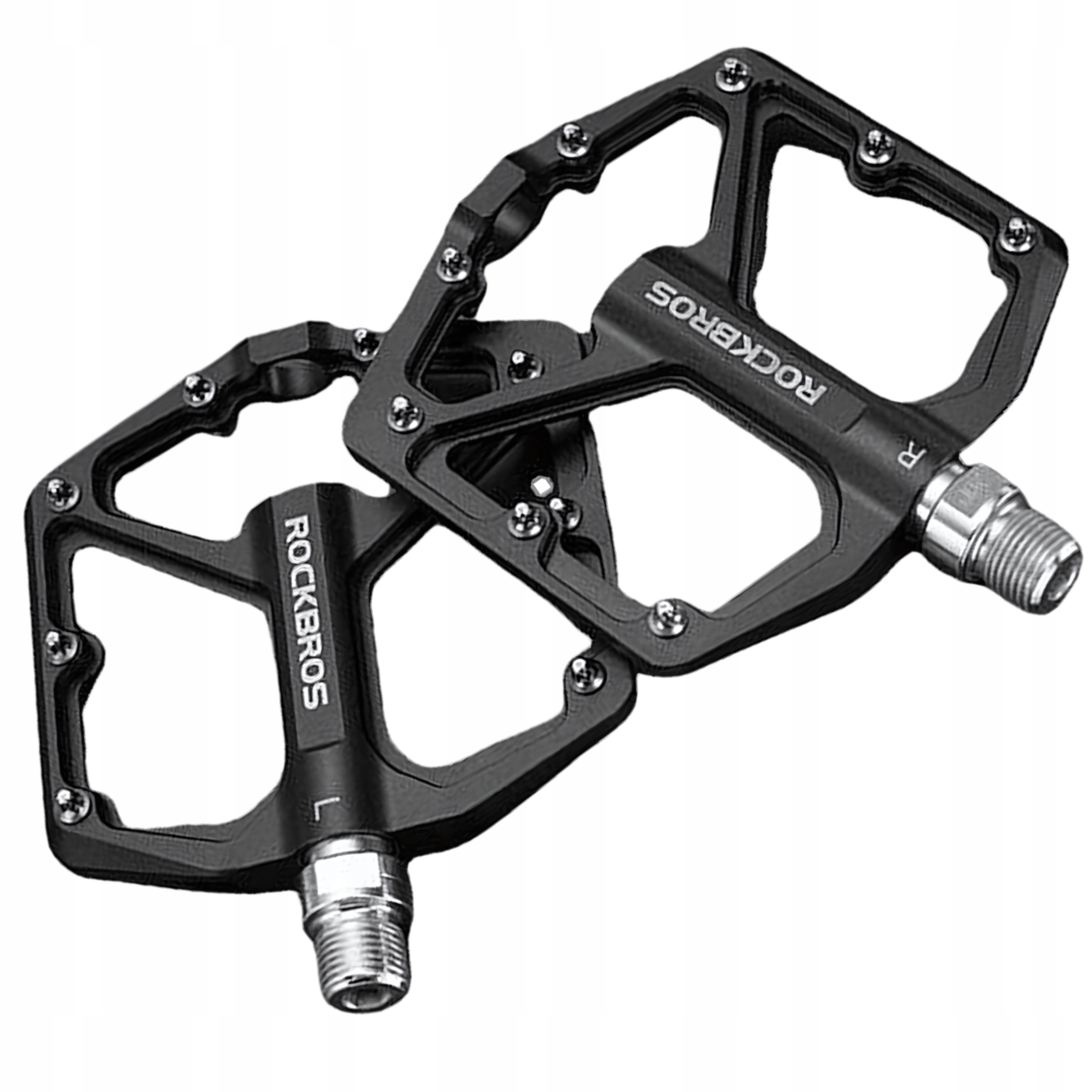Dwa czarne pedały rowerowe ROCKBROS, ze znakami 'R' i 'L'.