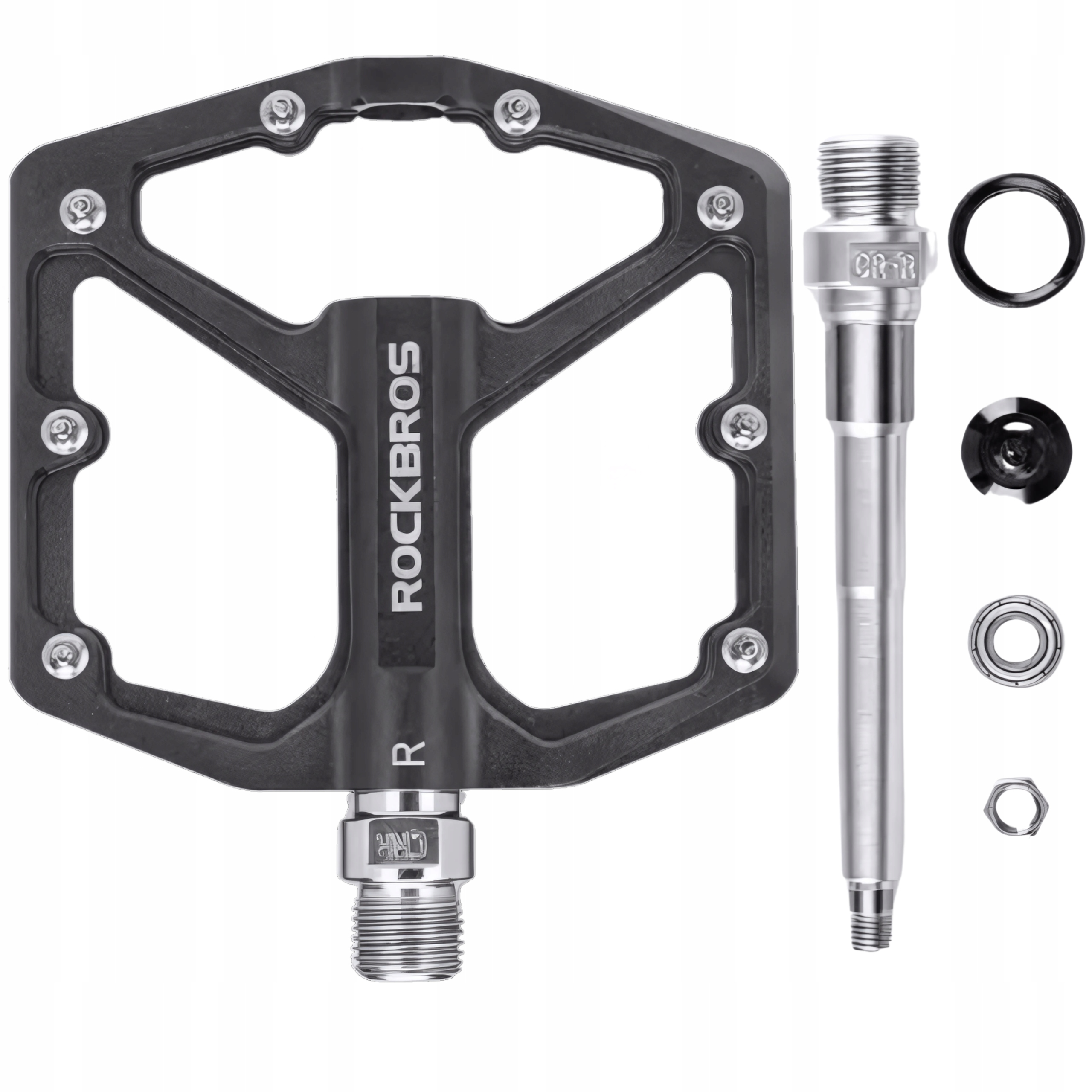Pedał rowerowy z logo Rockbros, osią i innymi zdemontowanymi częściami.