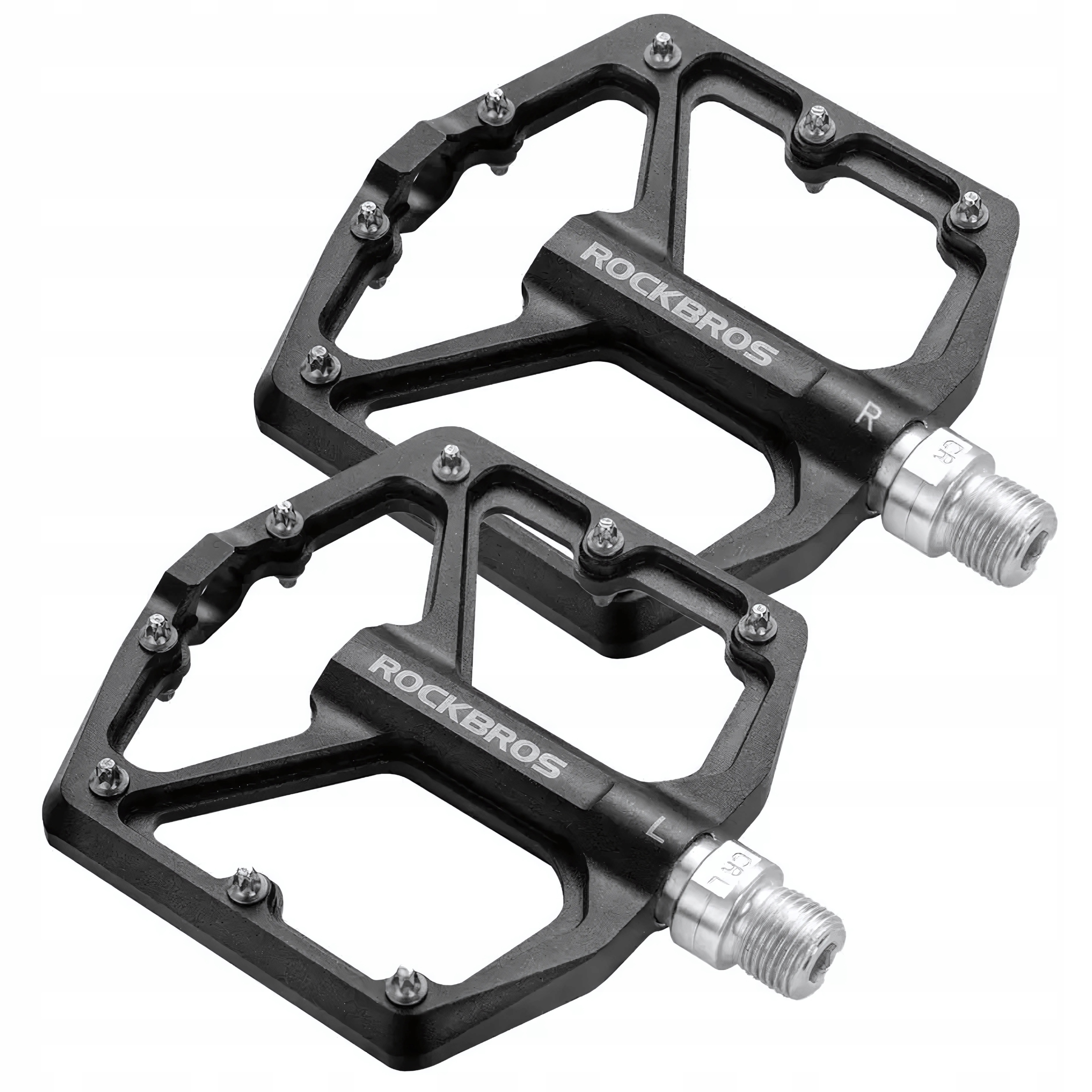 Dwa czarne pedały rowerowe, marki ROCKBROS, ze znakami 'R' i 'L'.