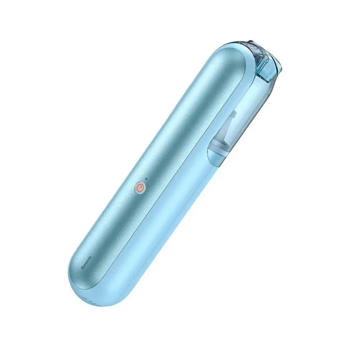 Widok pod kątem niebieskiego odkurzacza Baseus, pokazujący przycisk zasilania i design.