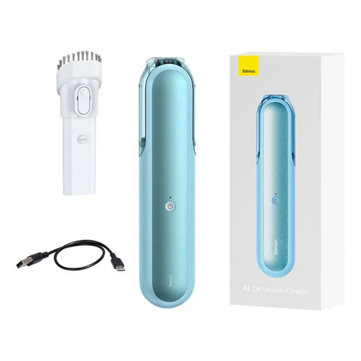 Odkurzacz samochodowy Baseus A1 z akcesoriami, w tym szczotką, kablem i pudełkiem.