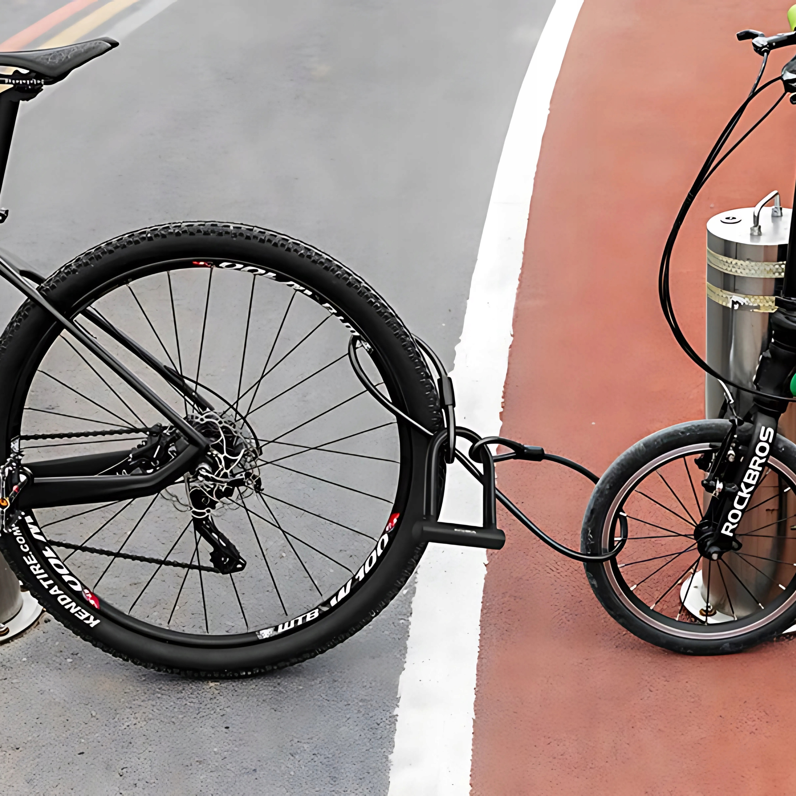 Rower przypięty do metalowego słupka, z drugim rowerem obok. Na czerwonej i szarej powierzchni.