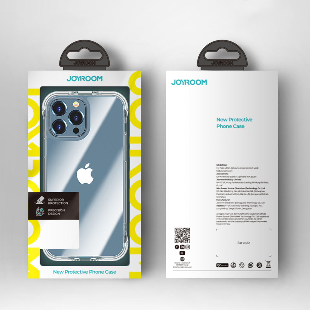 Etui na telefon w pudełku. Etui jest przezroczyste z czarnym pierścieniem.